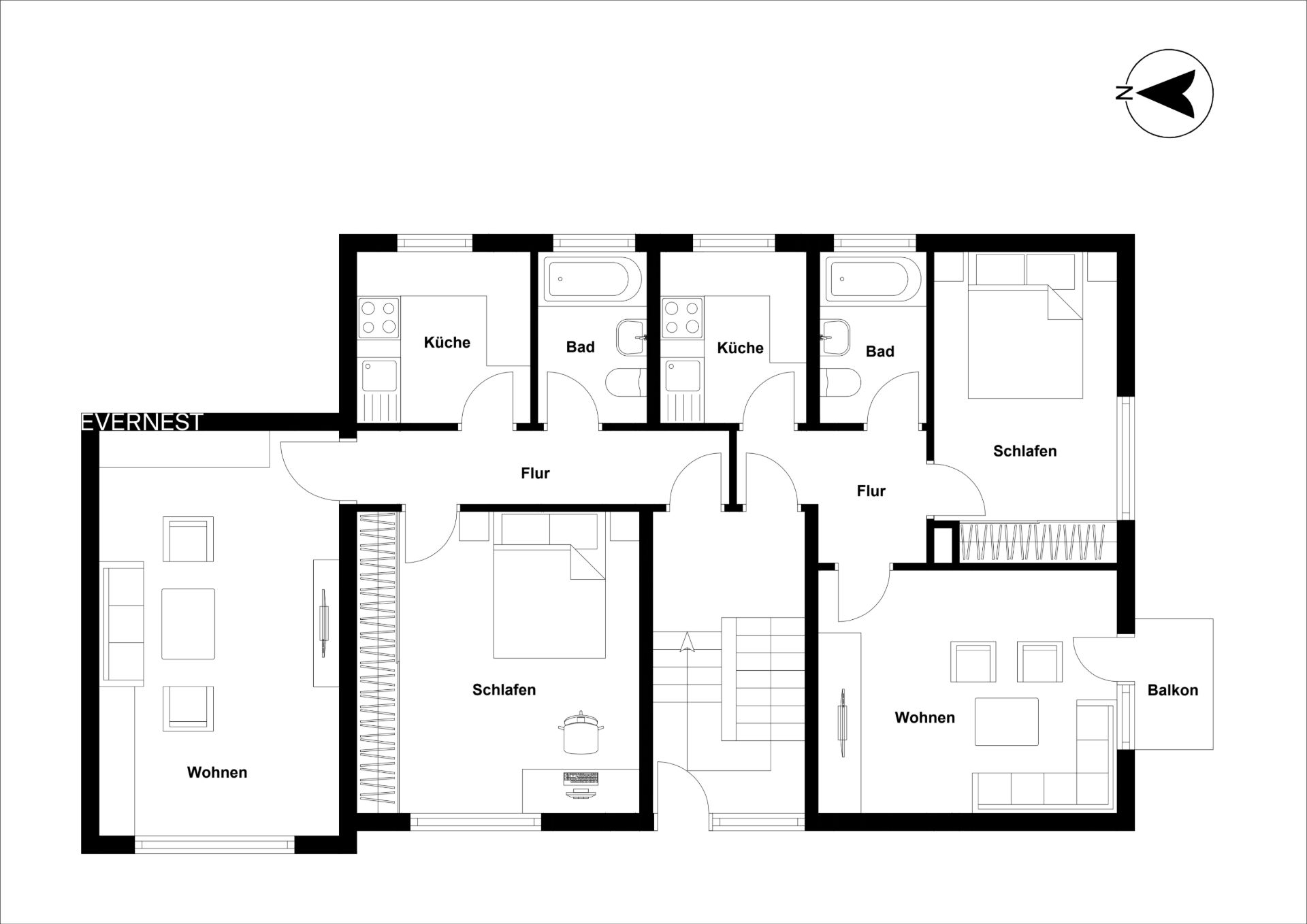 Grundriss einer Wohnung mit zwei Schlafzimmern, zwei Bädern, zwei Küchen, zwei Wohnzimmern und Balkon.