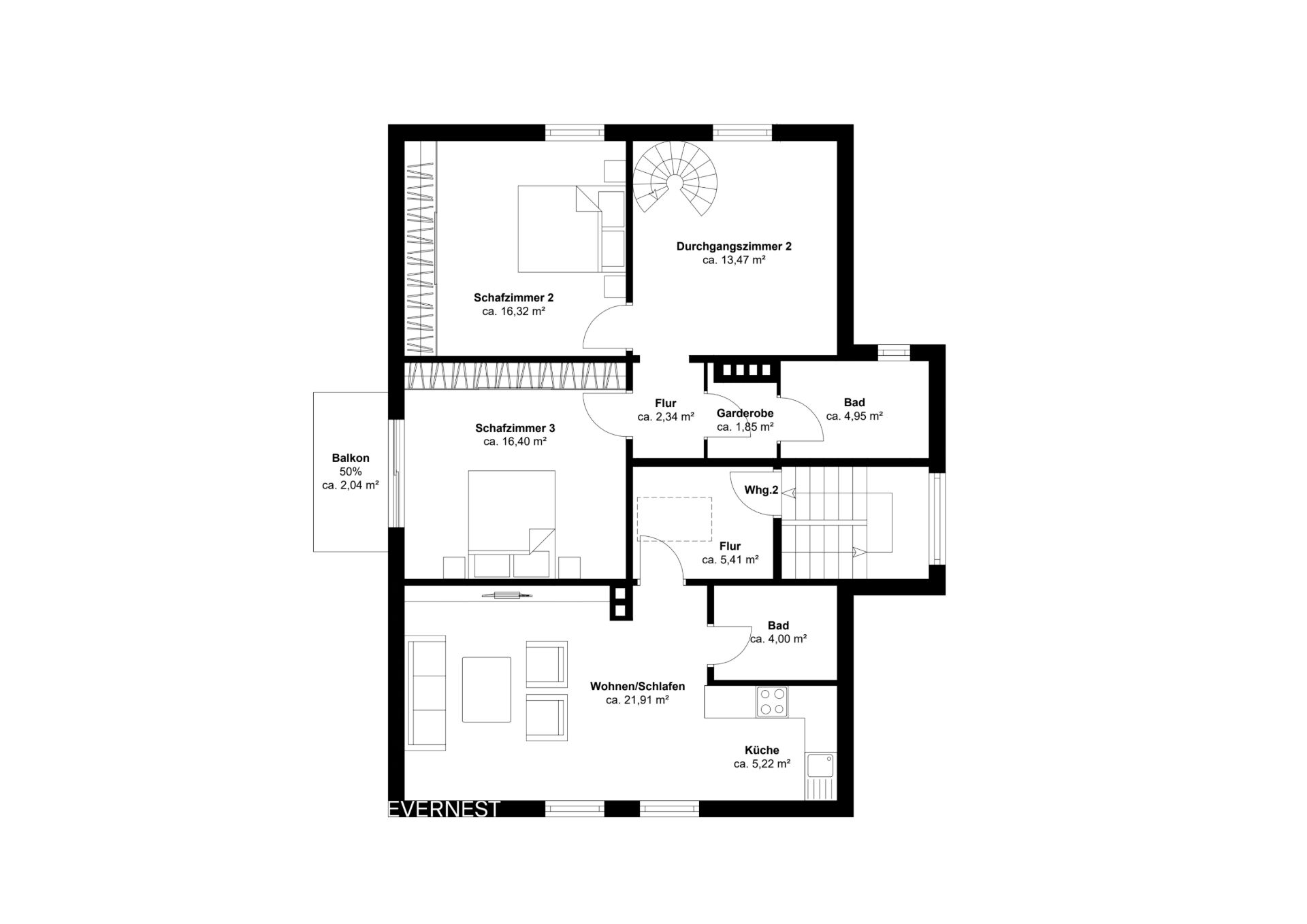 Grundriss einer Wohnung mit Schlafzimmern, Wohnzimmer, Küche, Bädern, Fluren und Balkon.