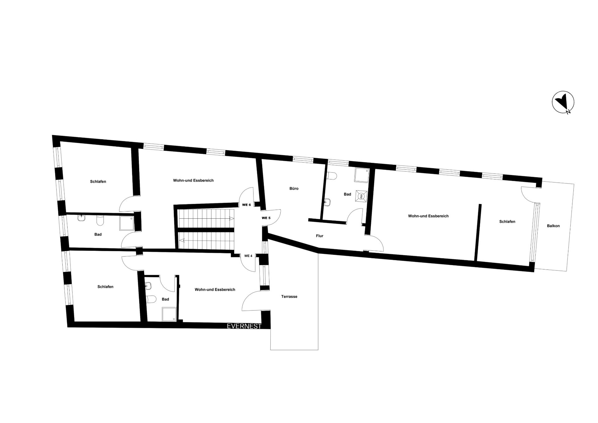 Grundriss einer Wohnung mit Schlafzimmern, Bädern, Wohnbereichen, Terrasse und Balkon.