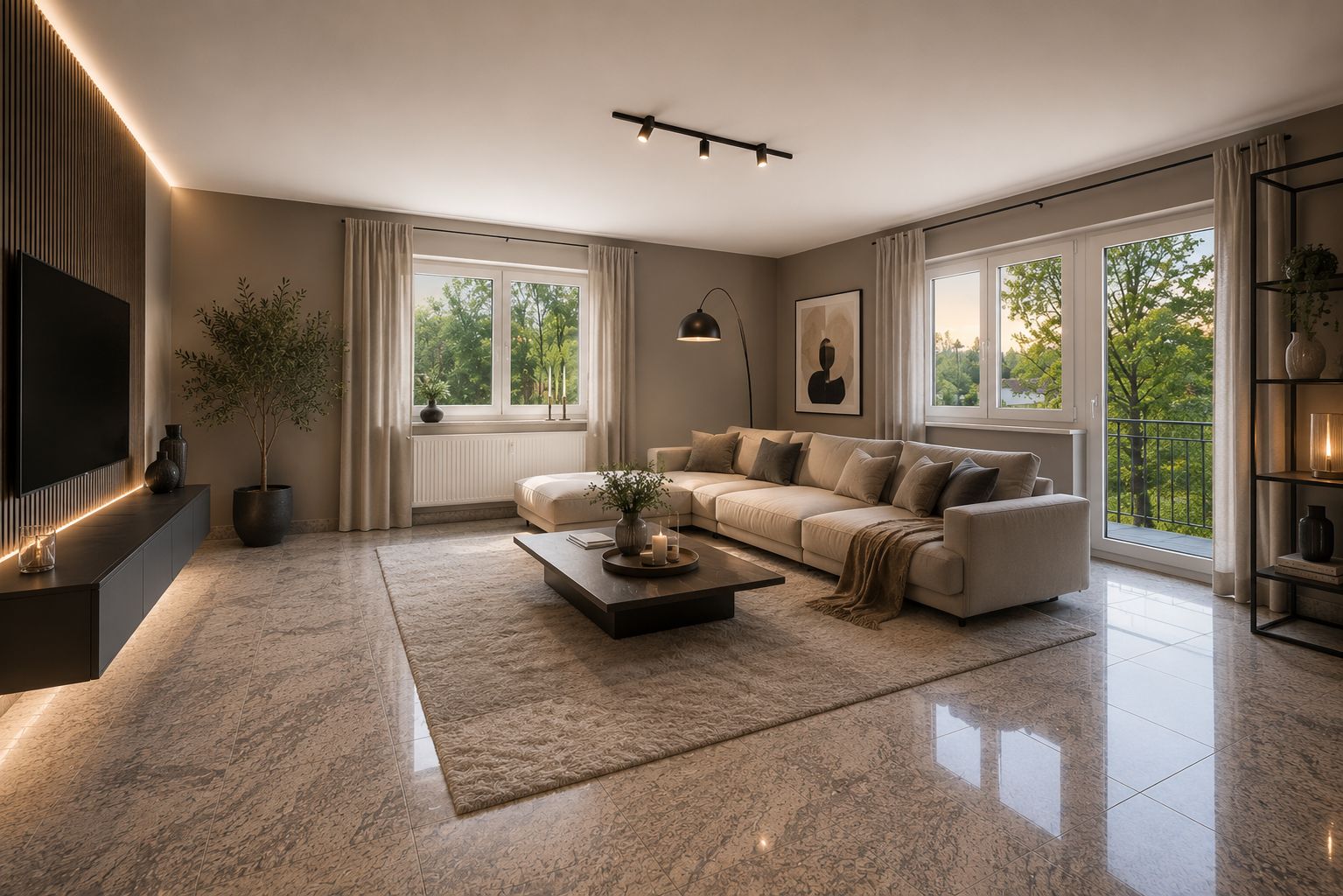 Modernes Wohnzimmer mit großem Sofa, Couchtisch und großen Fenstern mit Blick ins Grüne.