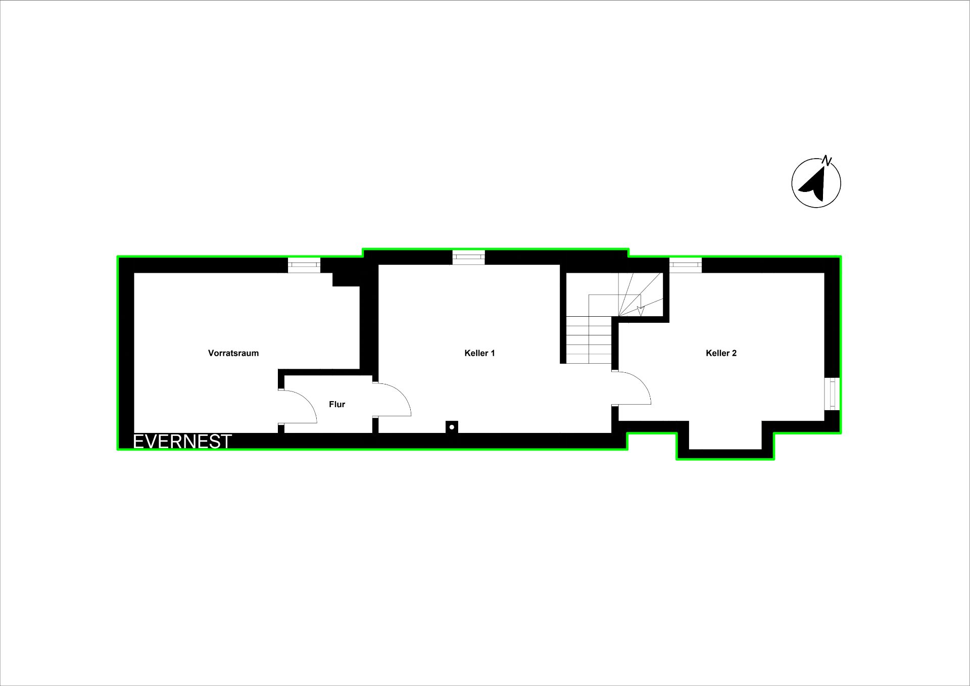 Grundriss eines Kellergeschosses mit Vorratsraum, Flur und zwei Kellerräumen.