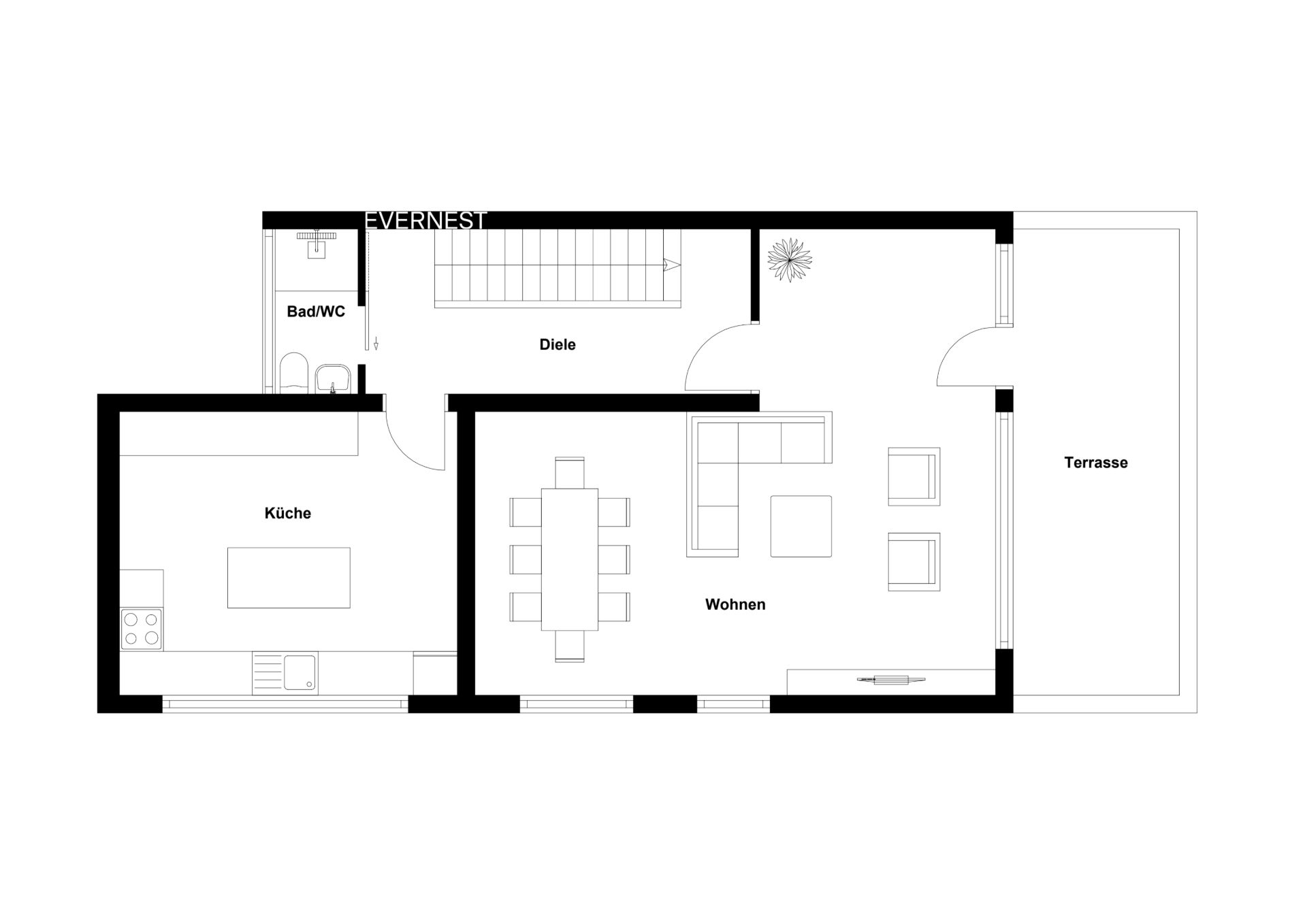Grundriss mit Küche, Bad/WC, Diele, Wohnbereich und Terrasse.