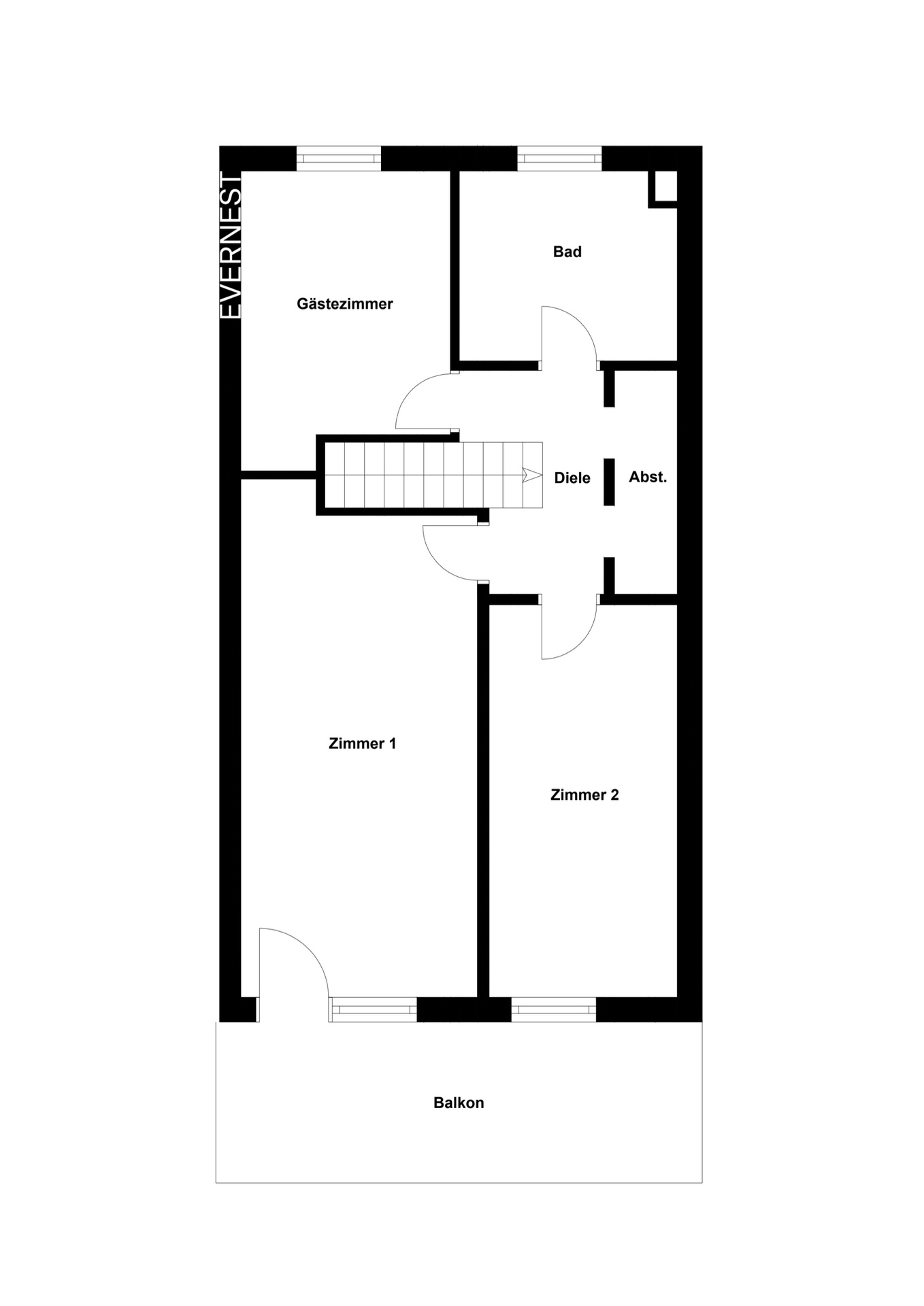 Grundriss mit Gästezimmer, Bad, Diele, Abstellraum, zwei Zimmern und Balkon.