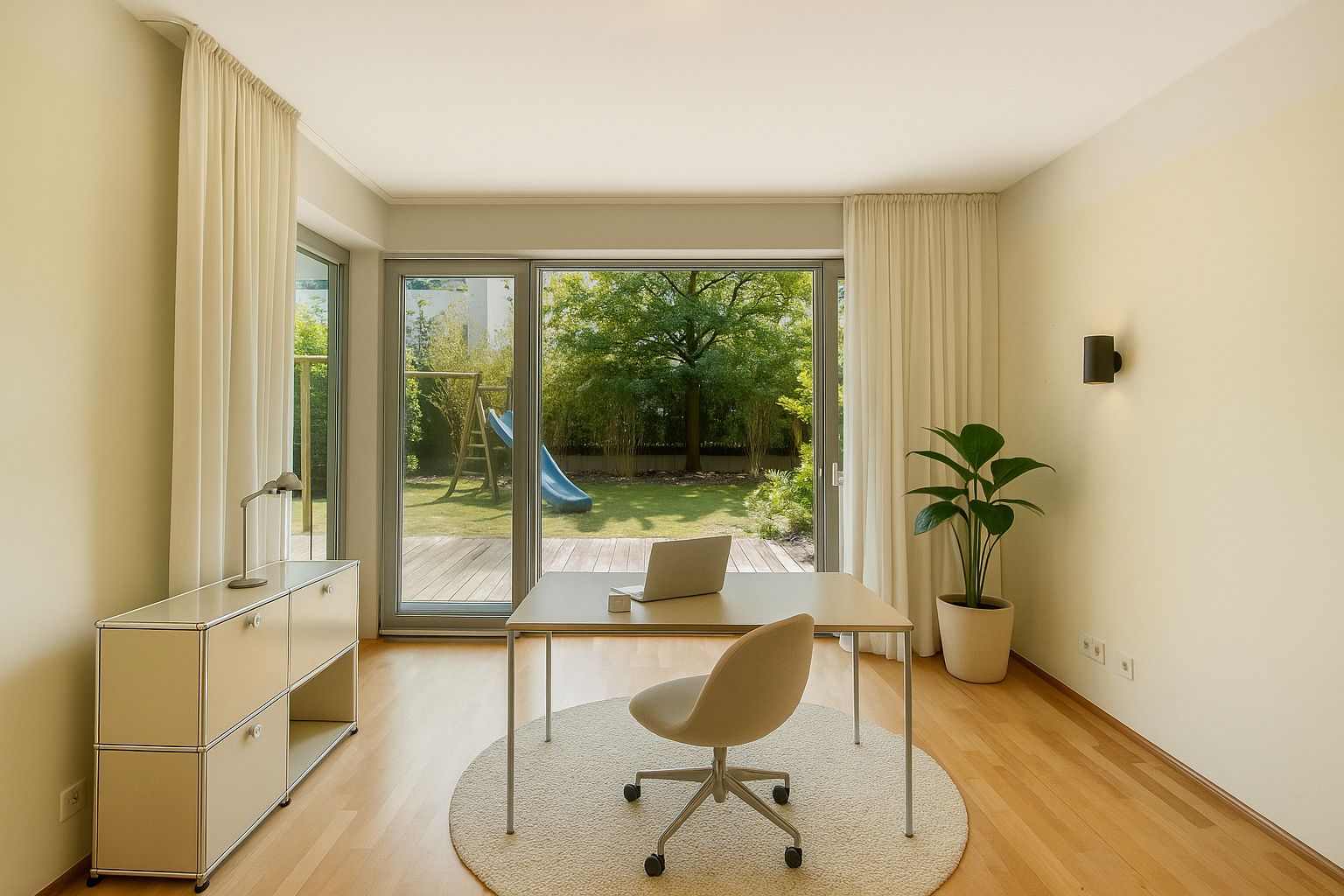 Helles Arbeitszimmer mit Schreibtisch, Stuhl, Regal, Pflanze und Blick auf Garten mit Rutsche.