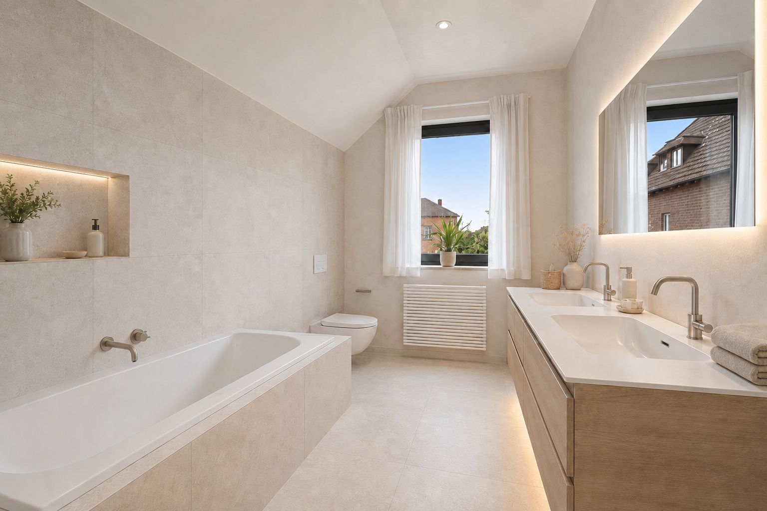 Helles Badezimmer mit Badewanne, Doppelwaschbecken, WC und zwei Fenstern.