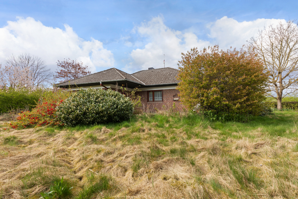 Backsteinhaus mit dunklem Dach und großen Büschen im Vorgarten, umgeben von trockenem Gras.