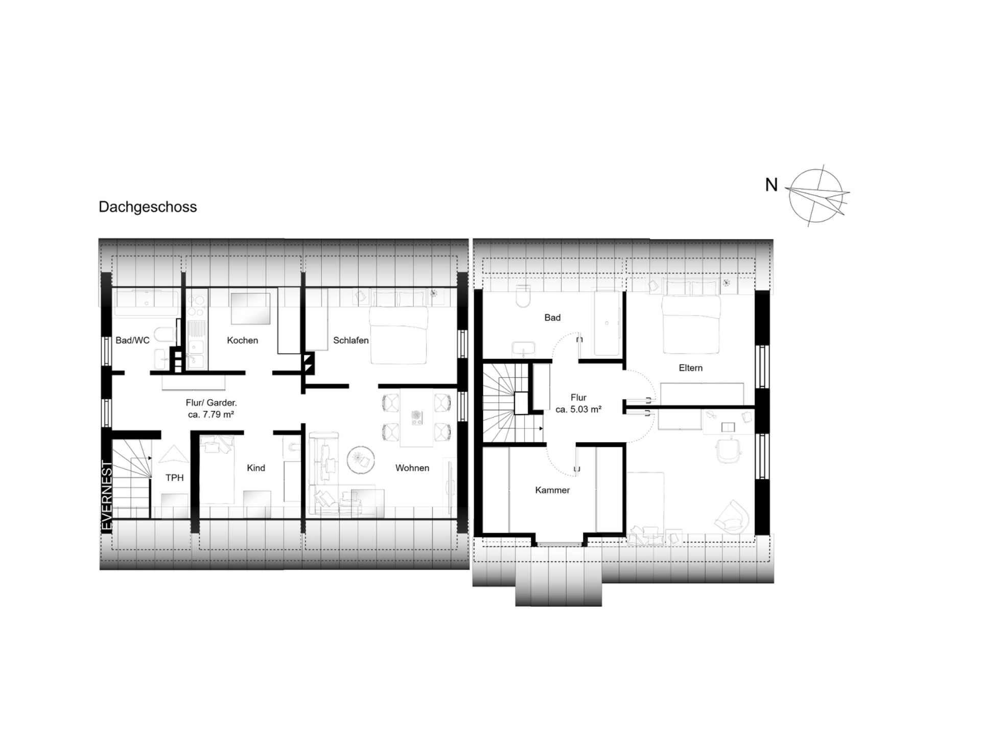 Grundriss eines Dachgeschosses mit Schlafzimmern, Bad, Küche, Wohnzimmer und weiteren Räumen.