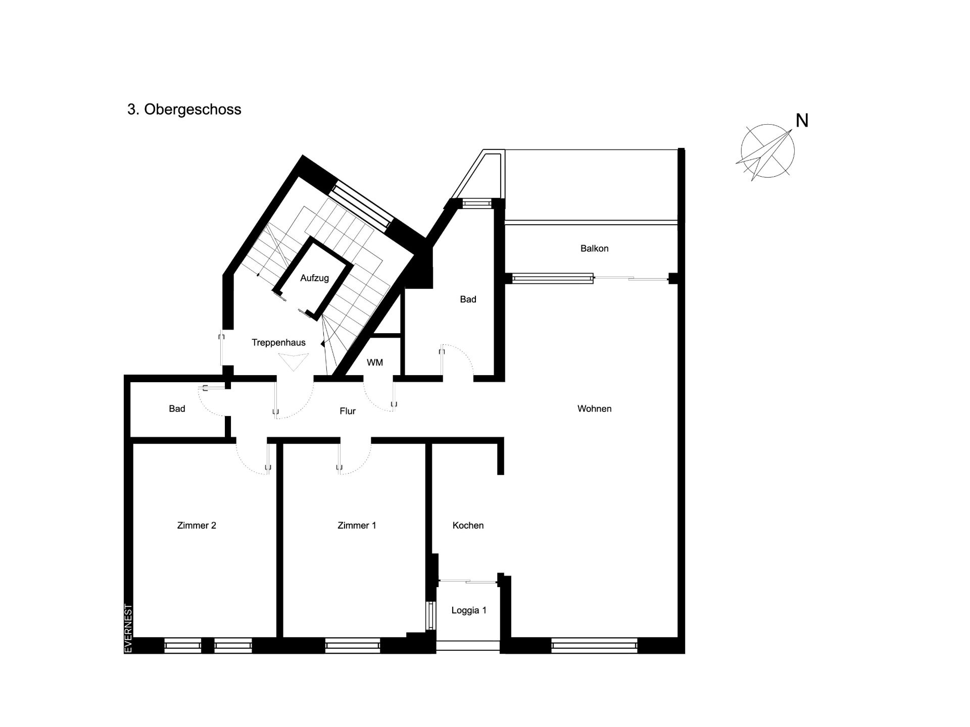 Grundriss einer Wohnung mit zwei Zimmern, zwei Bädern, Küche, Balkon, Loggia und Flur.