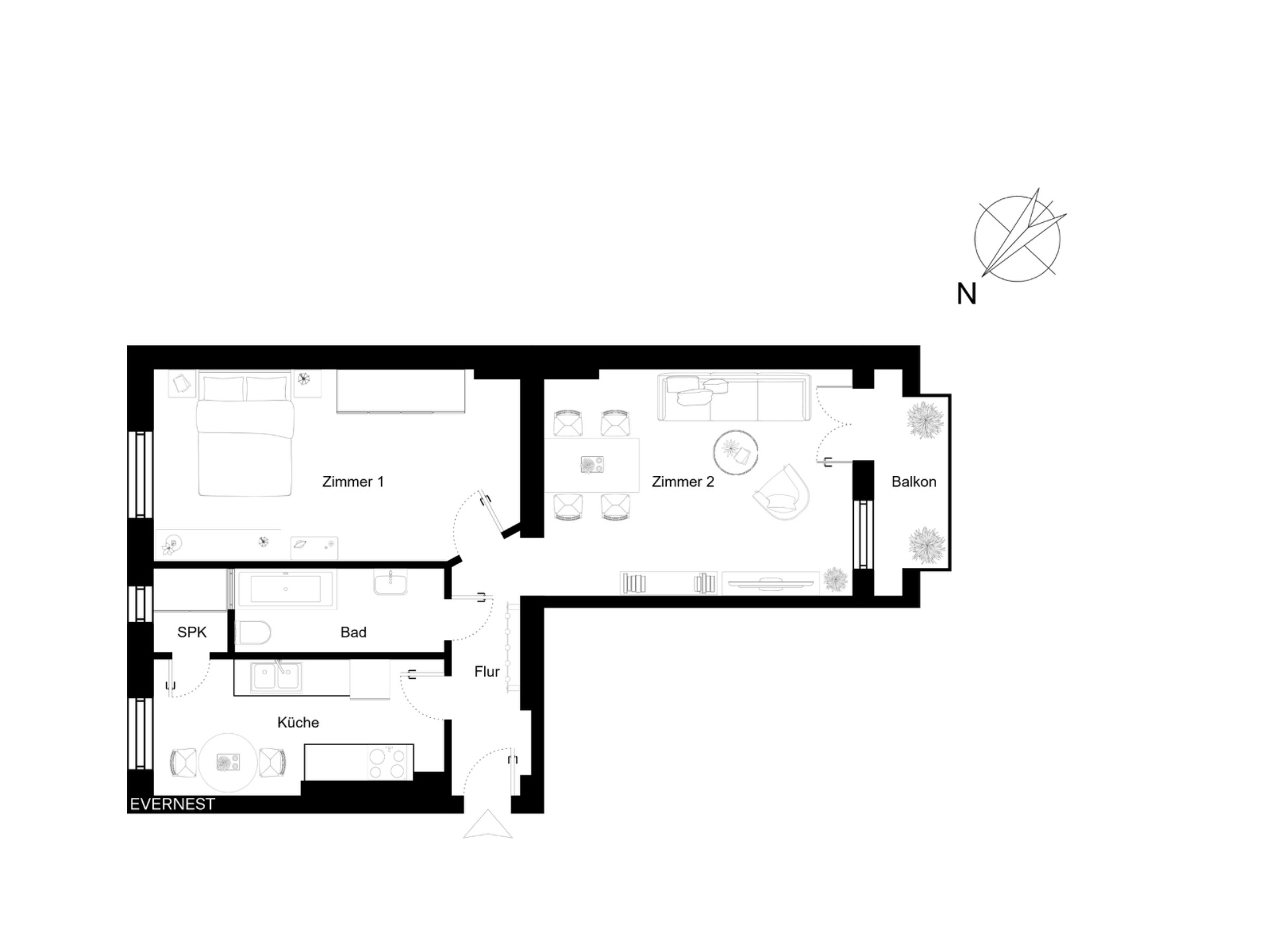 Grundriss einer Wohnung mit zwei Zimmern, Küche, Bad und Balkon.