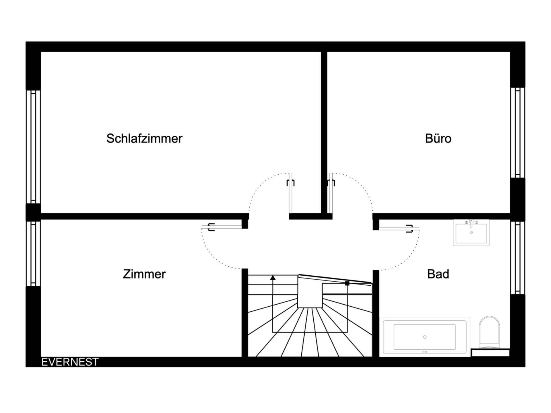Grundriss mit Schlafzimmer, Büro, Zimmer, Bad und Treppenaufgang.