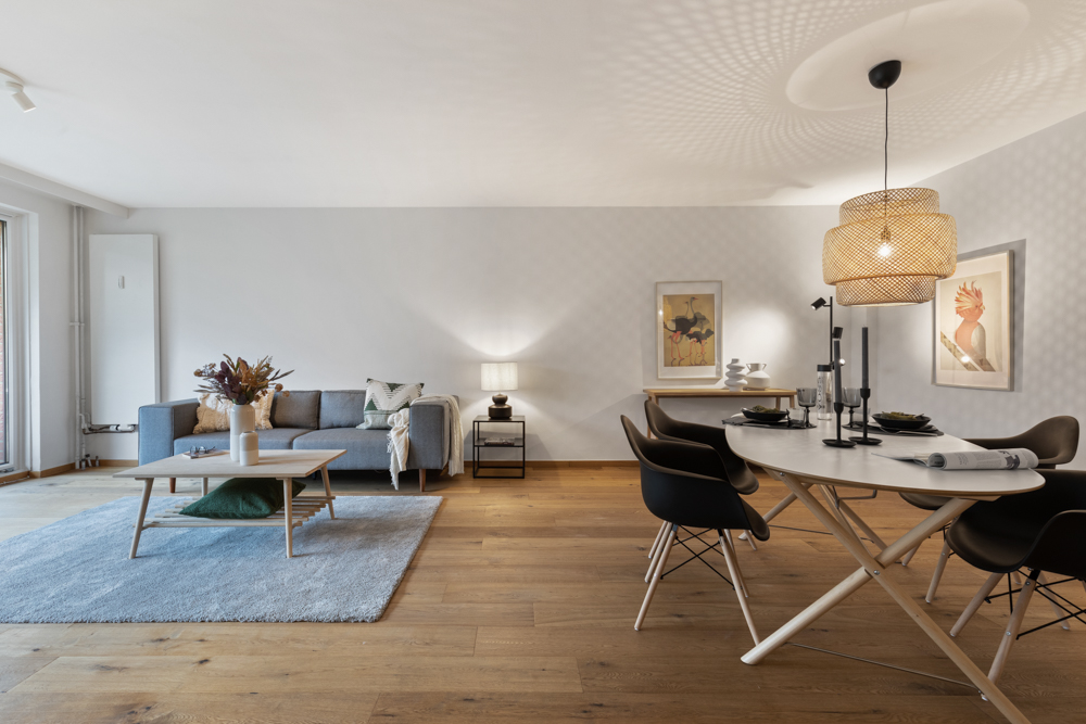 Modernes Wohnzimmer mit grauem Sofa, Teppich, Esstisch und Stühlen auf Holzfußboden.