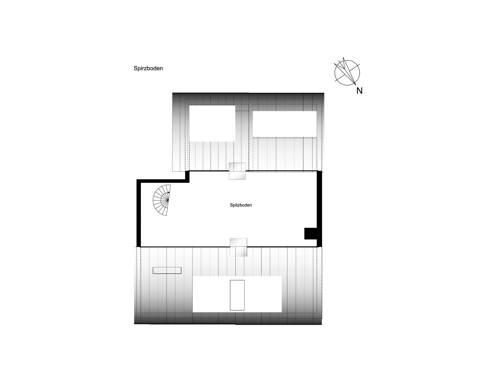 Grundriss eines Spitzbodens mit Treppe und zwei Fenstern, Norden ist markiert.