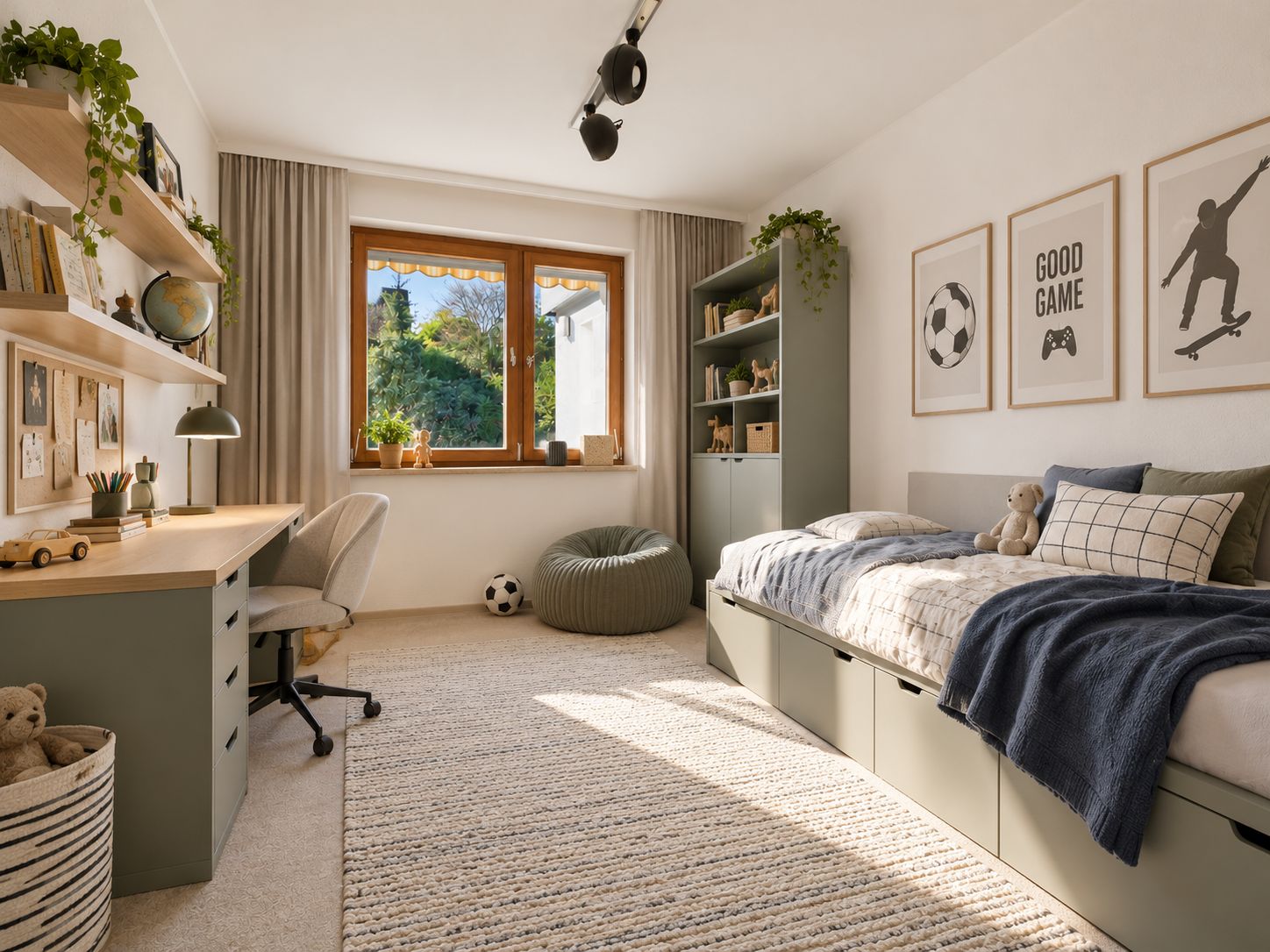 Helles Kinderzimmer mit Schreibtisch, Einzelbett und Regal, großes Fenster mit Ausblick nach draußen.