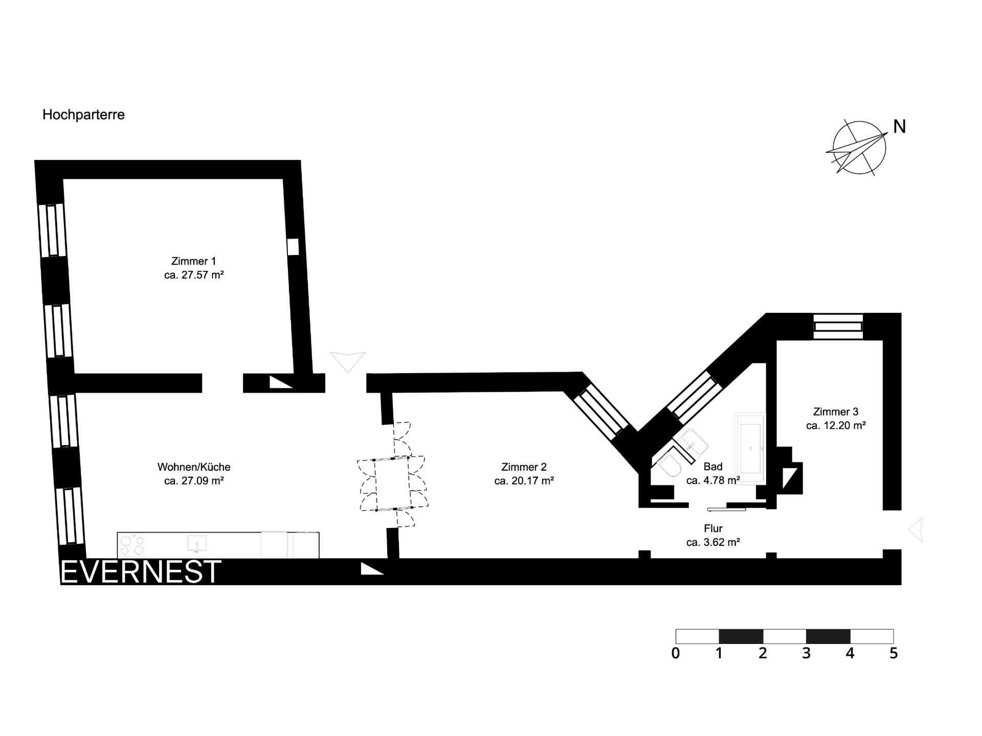 Grundriss einer Wohnung mit drei Zimmern, Küche/Wohnbereich, Bad und Flur.