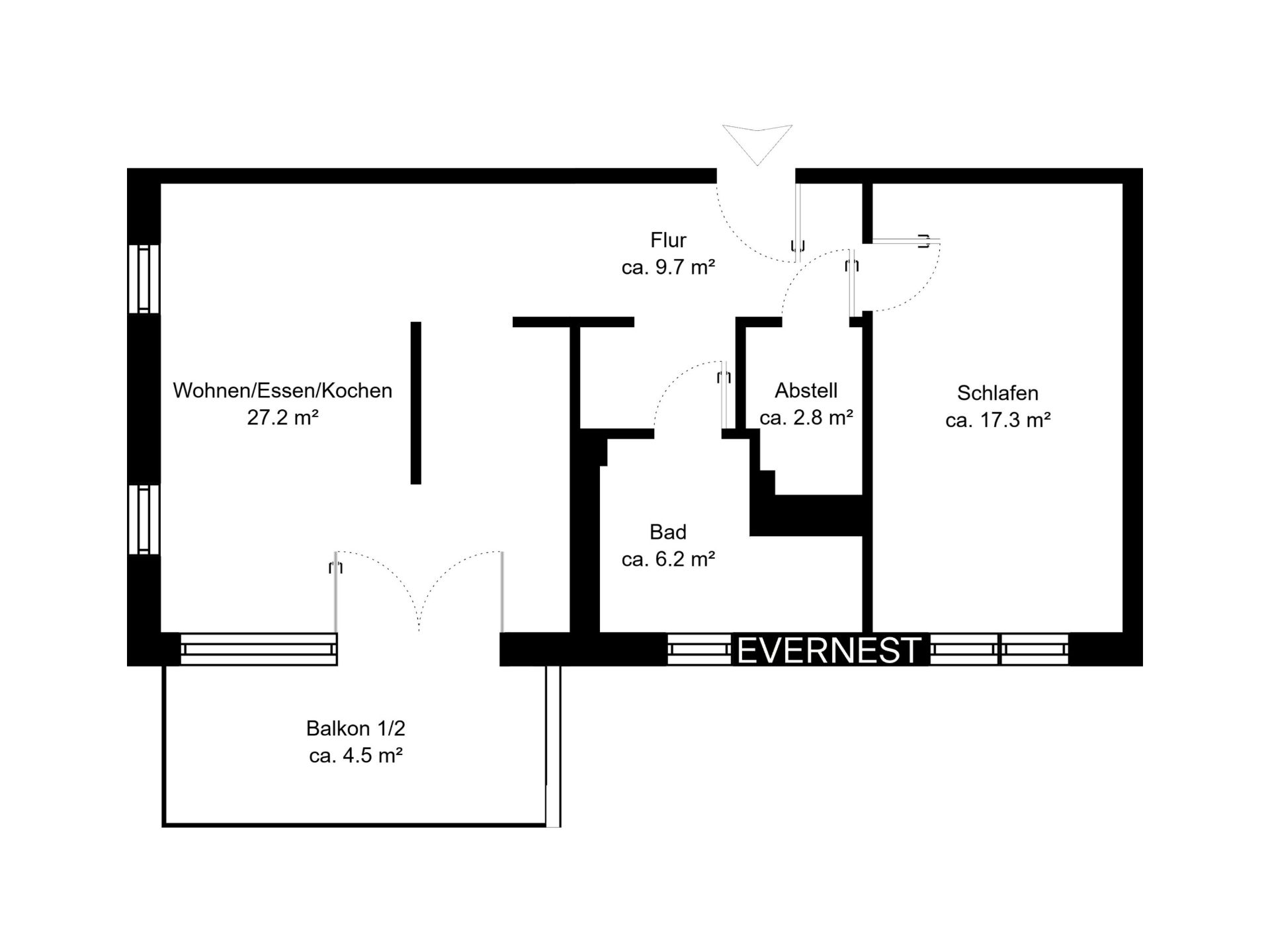 Grundriss einer Wohnung mit Balkon, Wohnbereich, Schlafzimmer, Bad, Flur und Abstellraum.