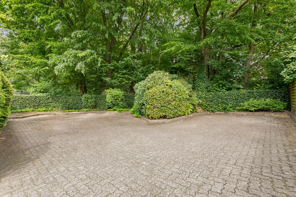 Gepflasterter Parkplatz, umgeben von Büschen und Bäumen im Grünen.