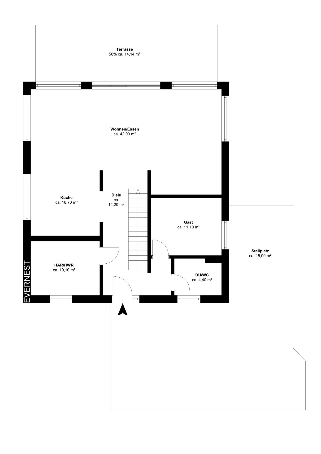 Grundriss eines Erdgeschosses mit Wohnzimmer, Küche, Diele, Gästezimmer, Bad, Terrasse und Stellplatz.