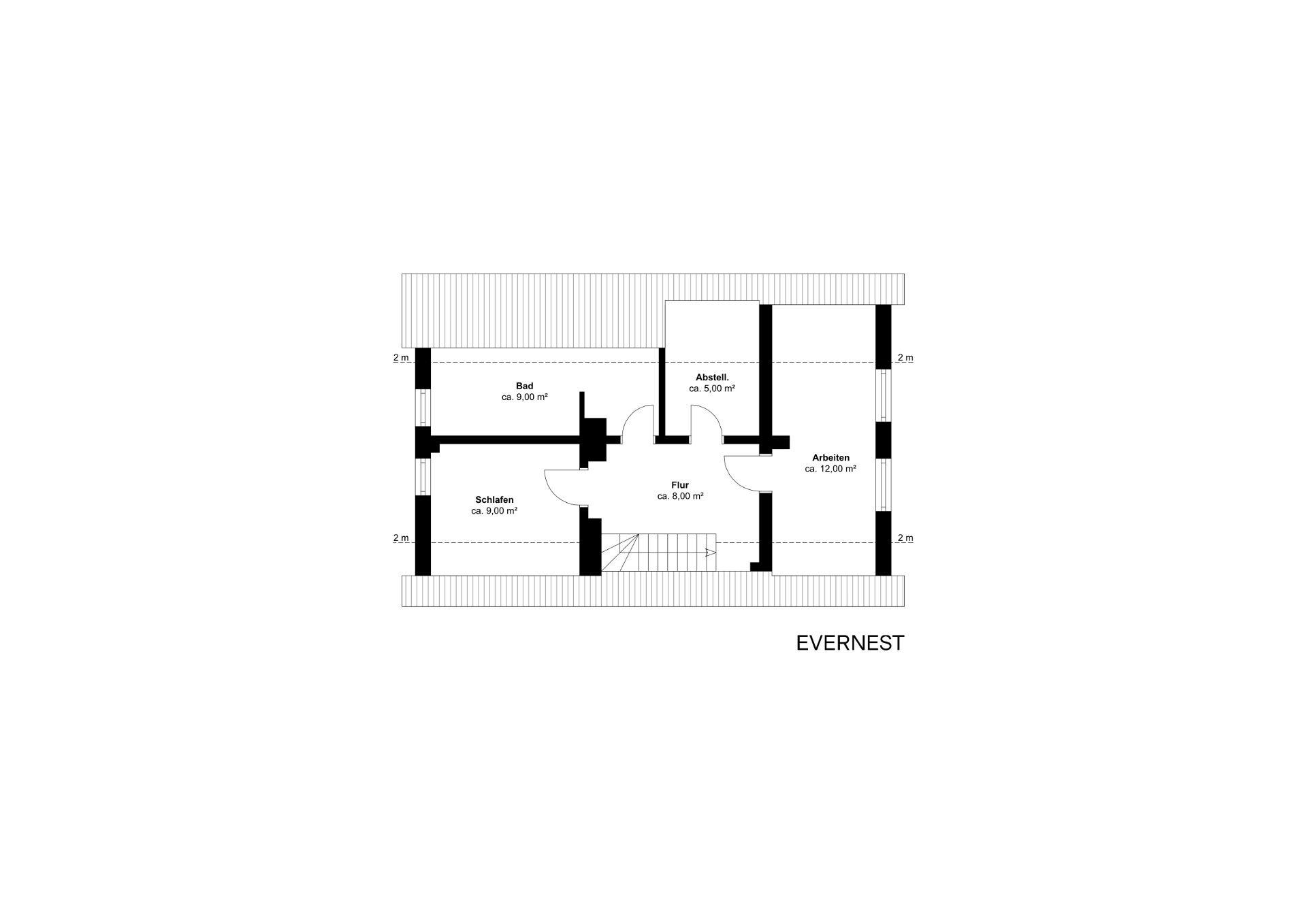 Grundriss mit Schlafzimmer, Bad, Abstellraum, Arbeitszimmer und Flur, jeweils mit Flächenangaben.