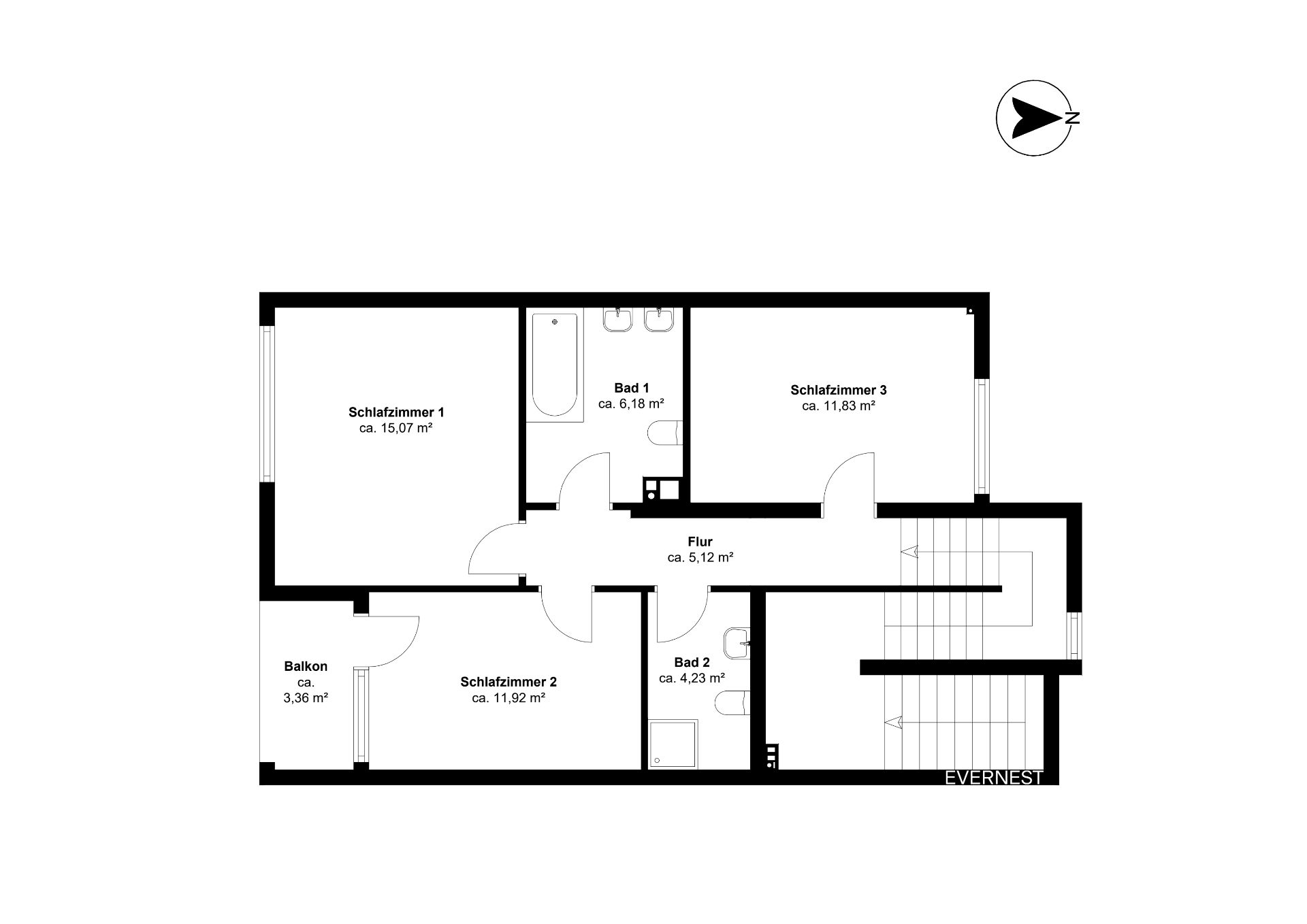 Grundriss mit drei Schlafzimmern, zwei Bädern, einem Flur und einem Balkon.