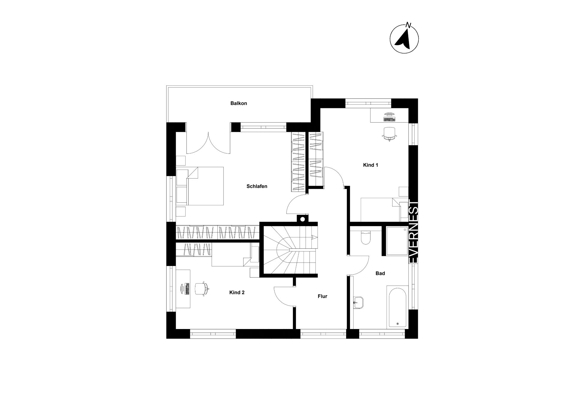 Grundriss mit drei Schlafzimmern, Bad, Flur und Balkon.