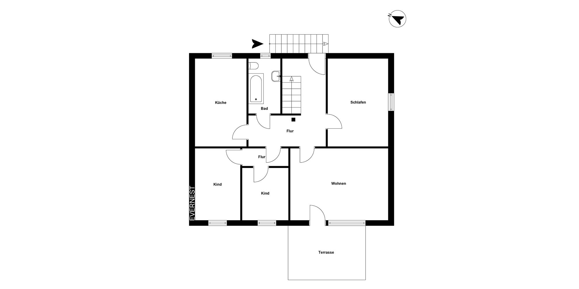 Grundriss einer Wohnung mit Küche, Bad, Wohnzimmer, Schlafzimmer, zwei Kinderzimmern und Terrasse.