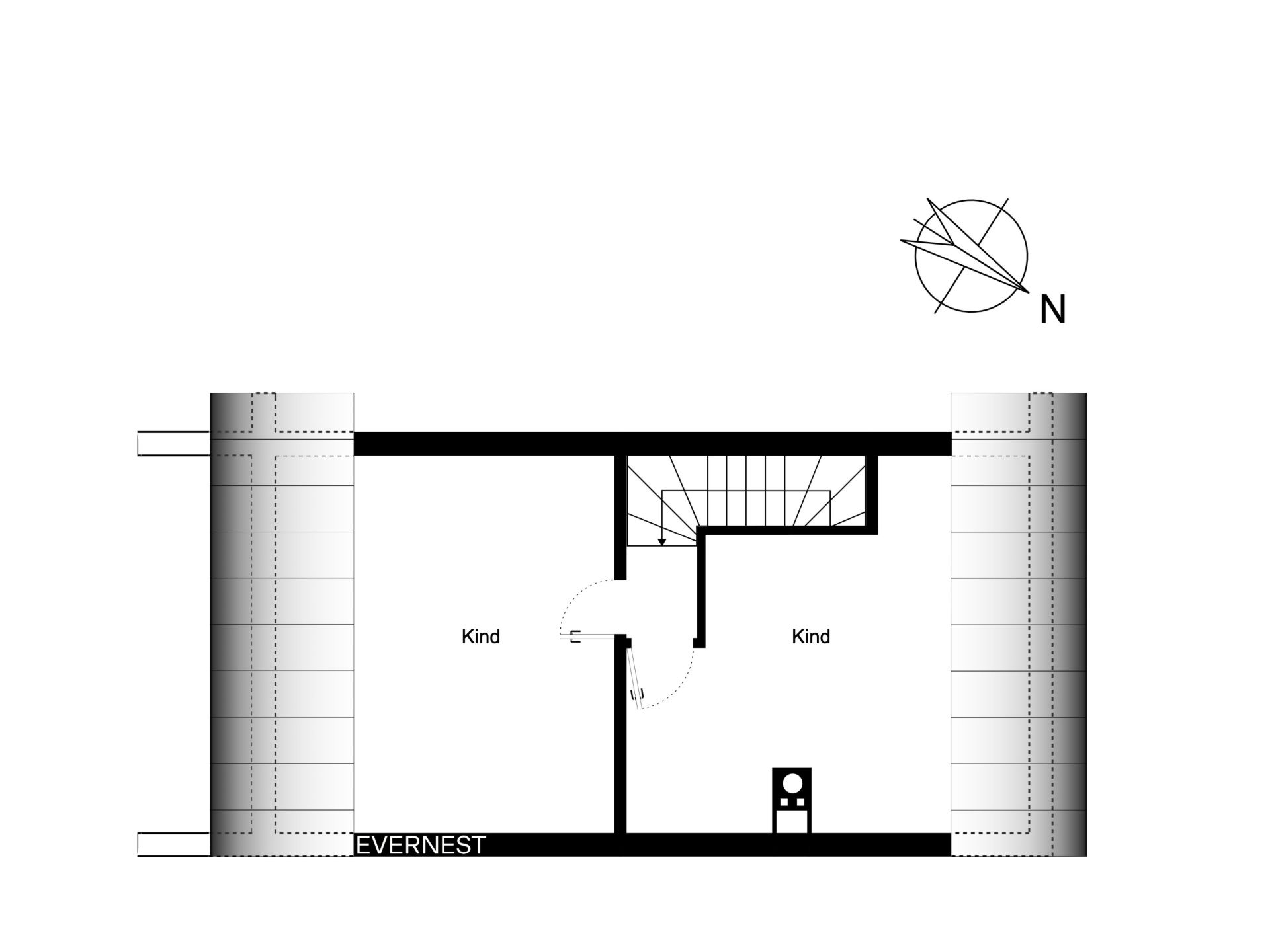 Grundriss mit zwei Kinderzimmern, Treppe und kleinem Badezimmer.