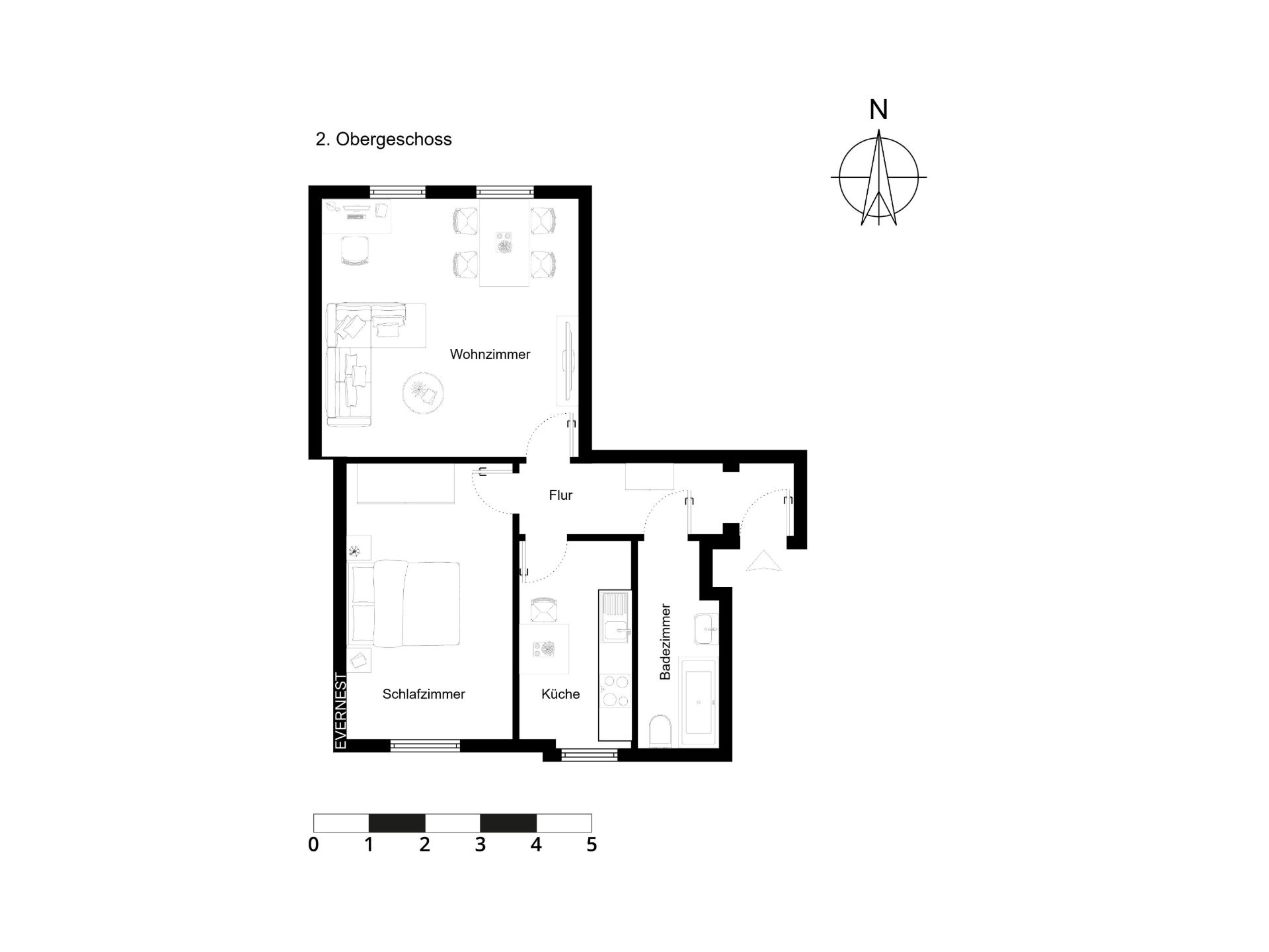 Grundriss einer Wohnung mit Wohnzimmer, Schlafzimmer, Küche, Bad und Flur.