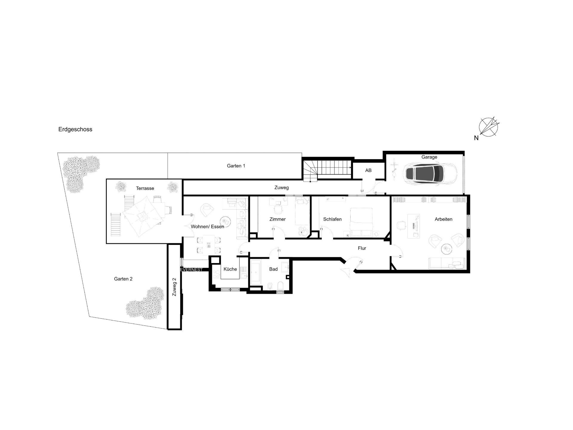 Grundriss eines Erdgeschosses mit Terrasse, Garten, Wohnzimmer, Küche, Bad, Schlafzimmer und Garage.