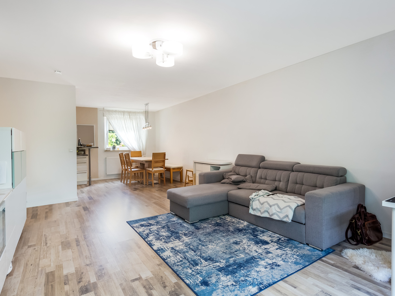 Helles Wohnzimmer mit grauem Sofa, blauem Teppich und Esstisch mit vier Stühlen am Fenster.