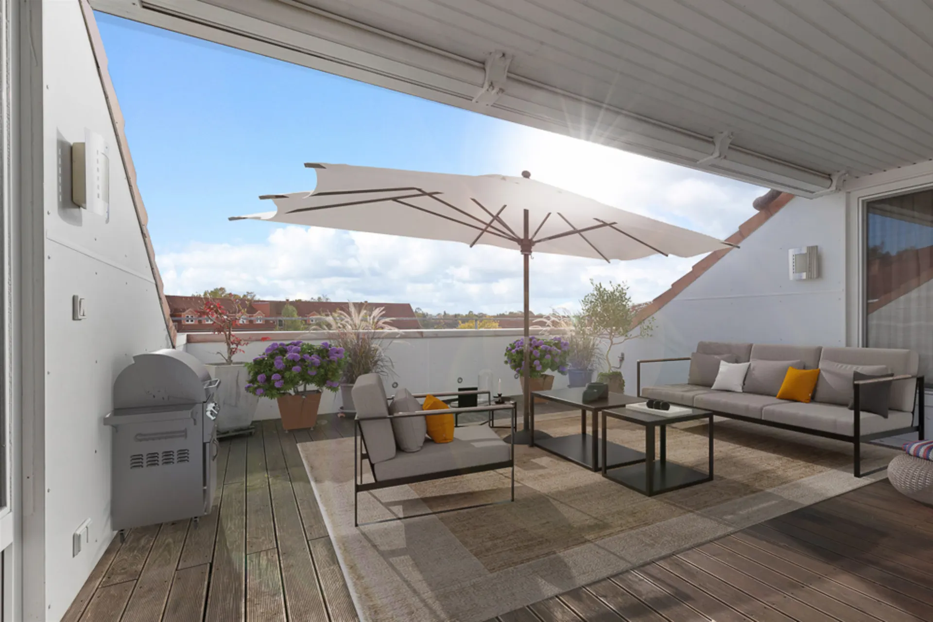 Möblierte Dachterrasse mit Sonnenschirm, Sitzgarnitur, Pflanzen und Grill.