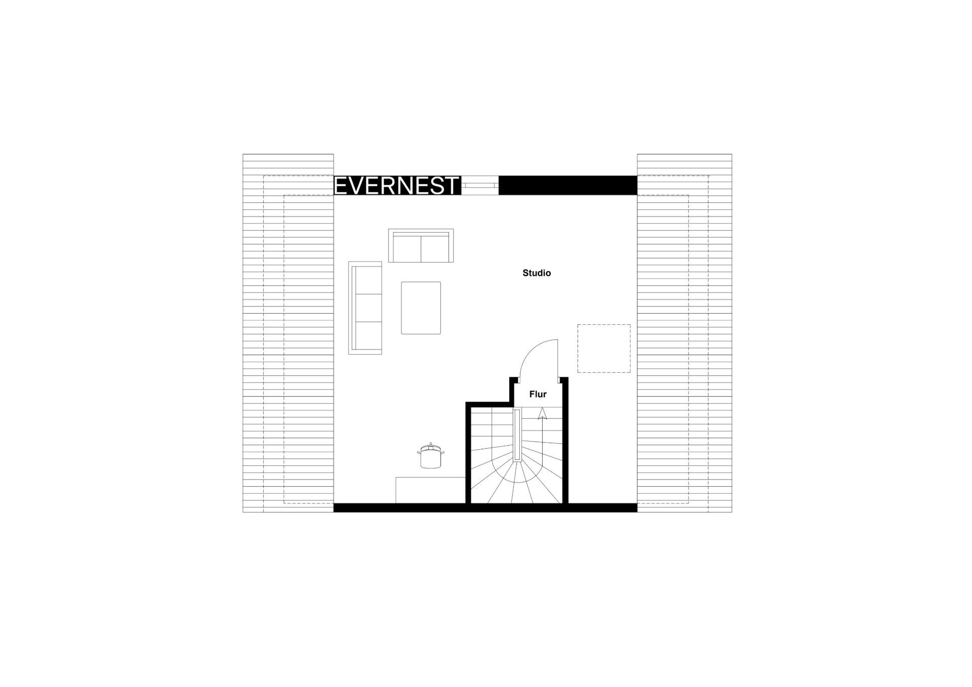 Grundriss eines Studios mit Sofa, Tisch und Treppe.
