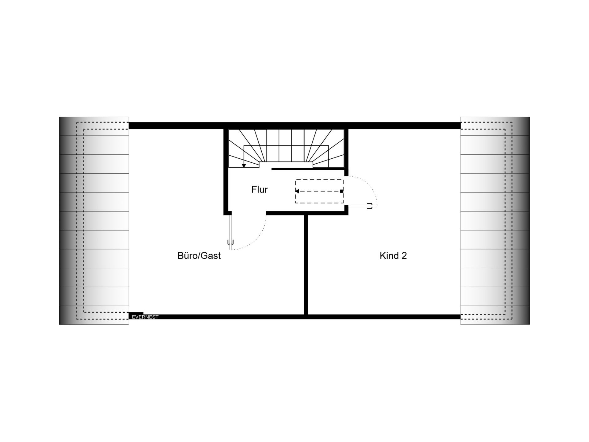 Grundriss mit Flur, Büro/Gast-Zimmer und Kind 2 Zimmer, jeweils mit Zugang vom Flur.