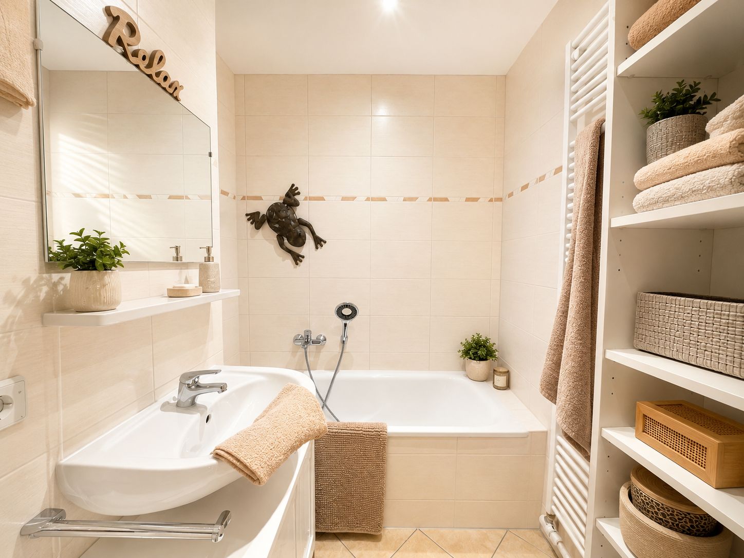 Helles Badezimmer mit Badewanne, Waschbecken, Spiegel, Regal und Dekorationen.