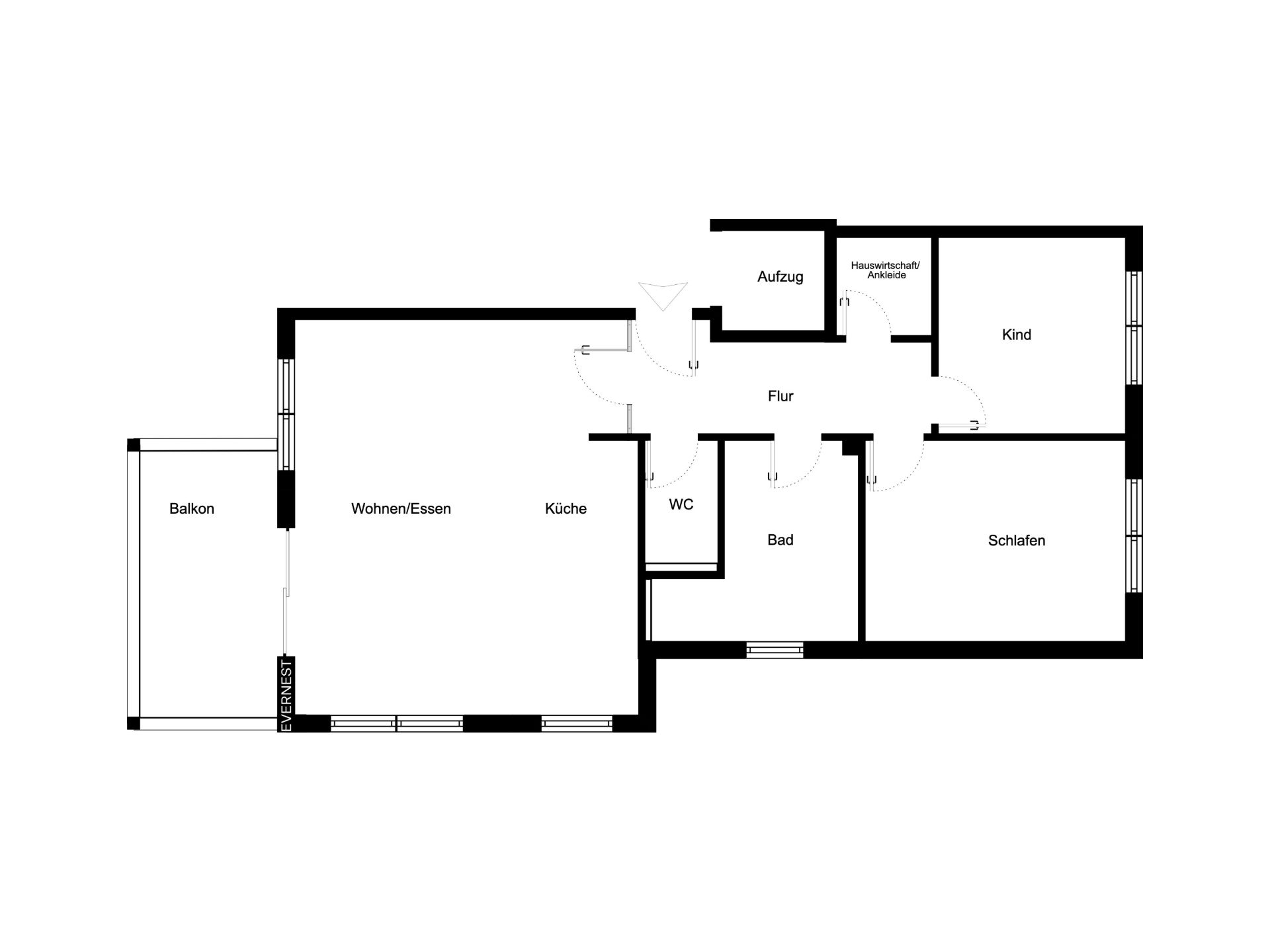 Grundriss einer Wohnung mit Balkon, Wohnzimmer, Küche, Bad, WC, Schlafzimmer und Kinderzimmer.