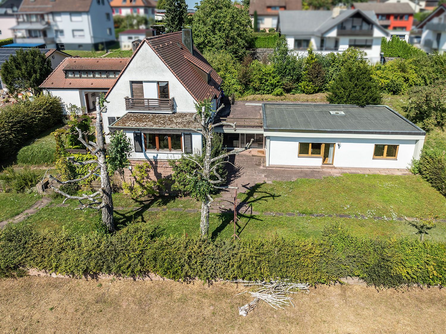 Zweistöckiges Haus mit Garten, großen Fenstern und geschnittenen Bäumen im Vordergrund.