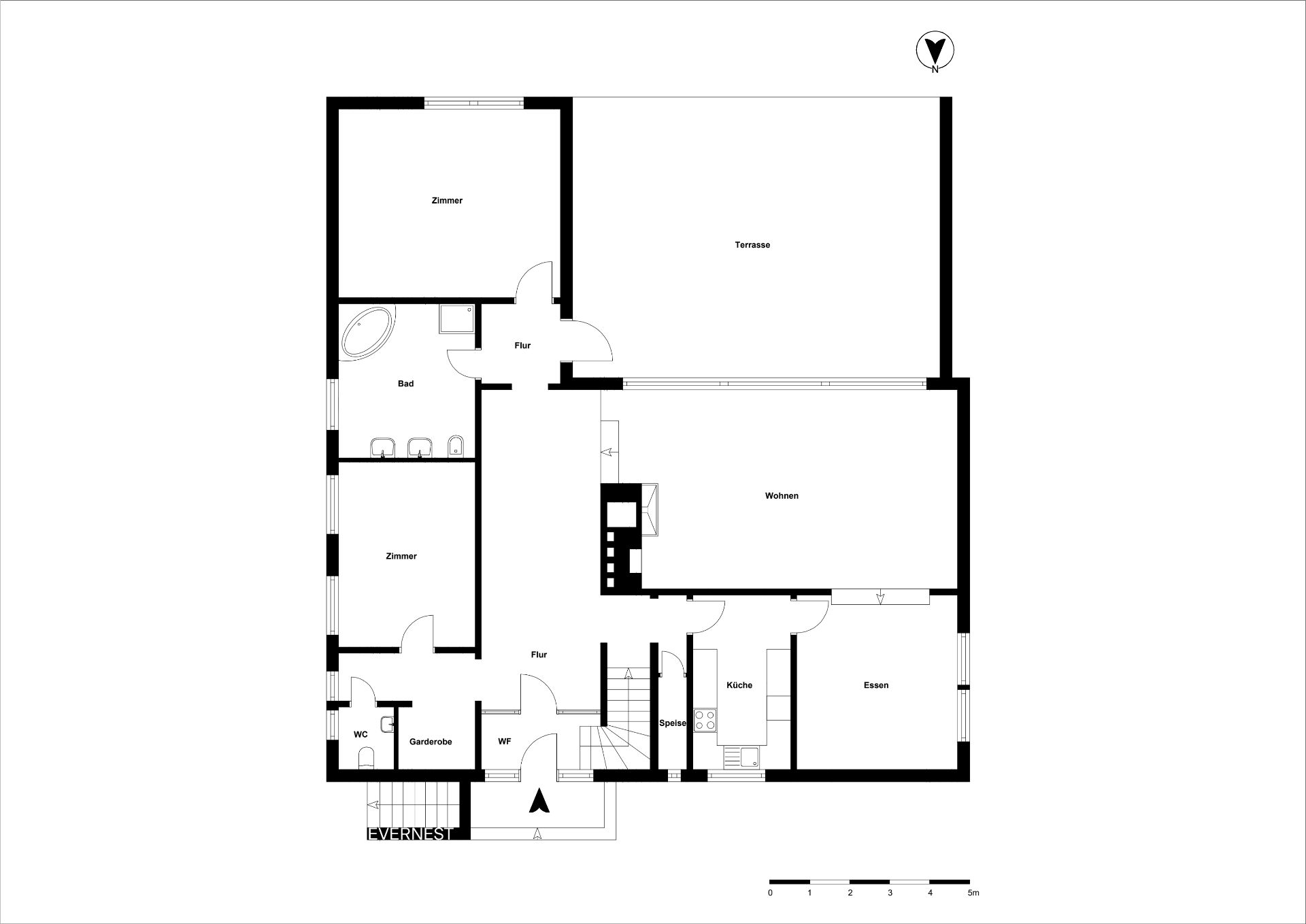 Grundriss eines Wohnhauses mit Zimmern, Bad, Küche, Wohnzimmer, Essbereich und Terrasse.