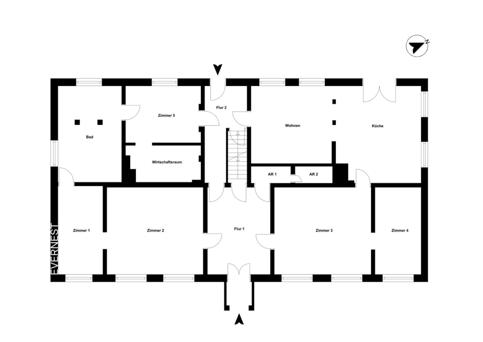 Grundriss eines Hauses mit fünf Zimmern, Bad, Küche, Wohnzimmer und Abstellräumen.
