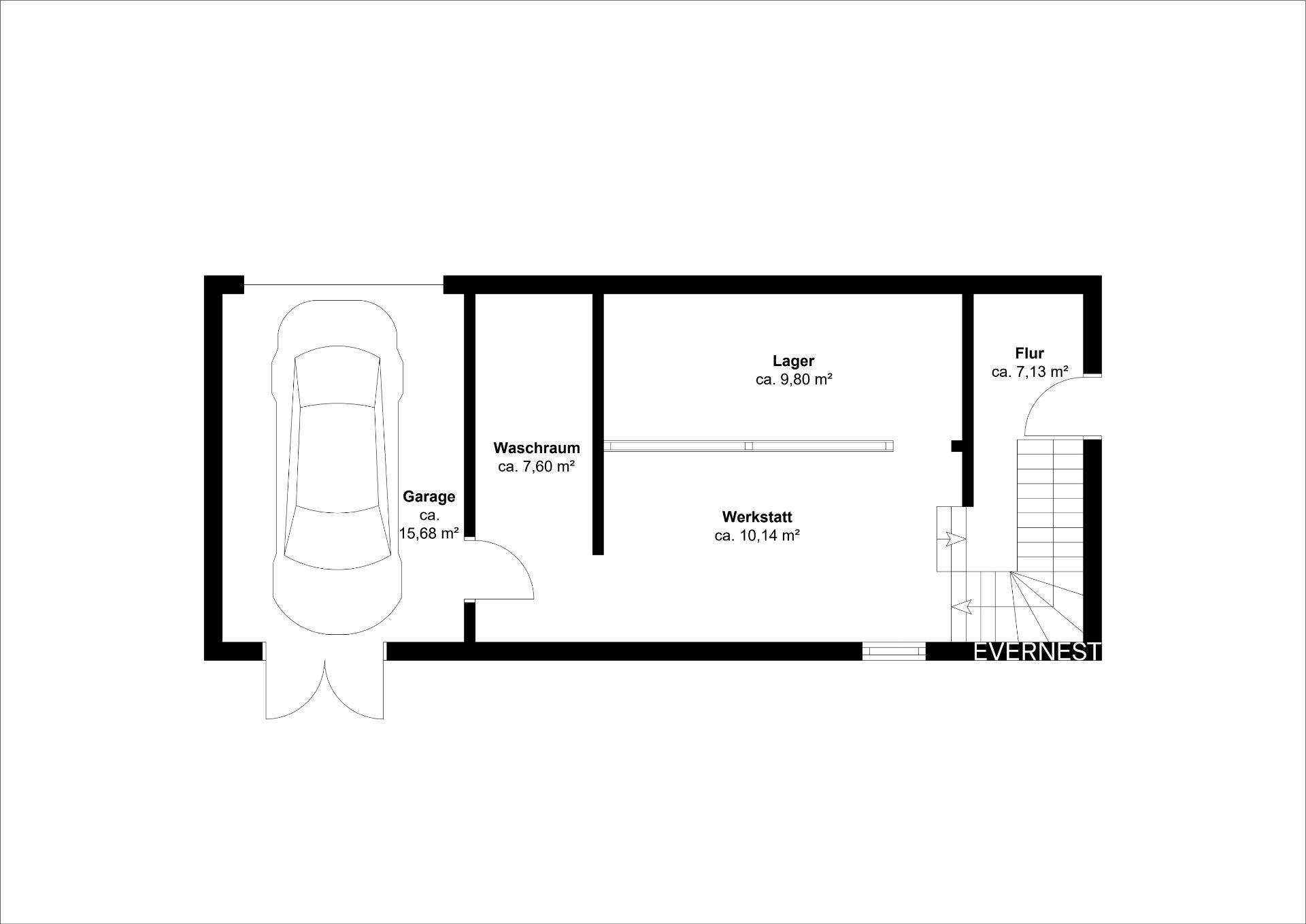 Grundriss mit Garage, Waschraum, Lager, Werkstatt und Flur, jeweils mit Flächenangabe.