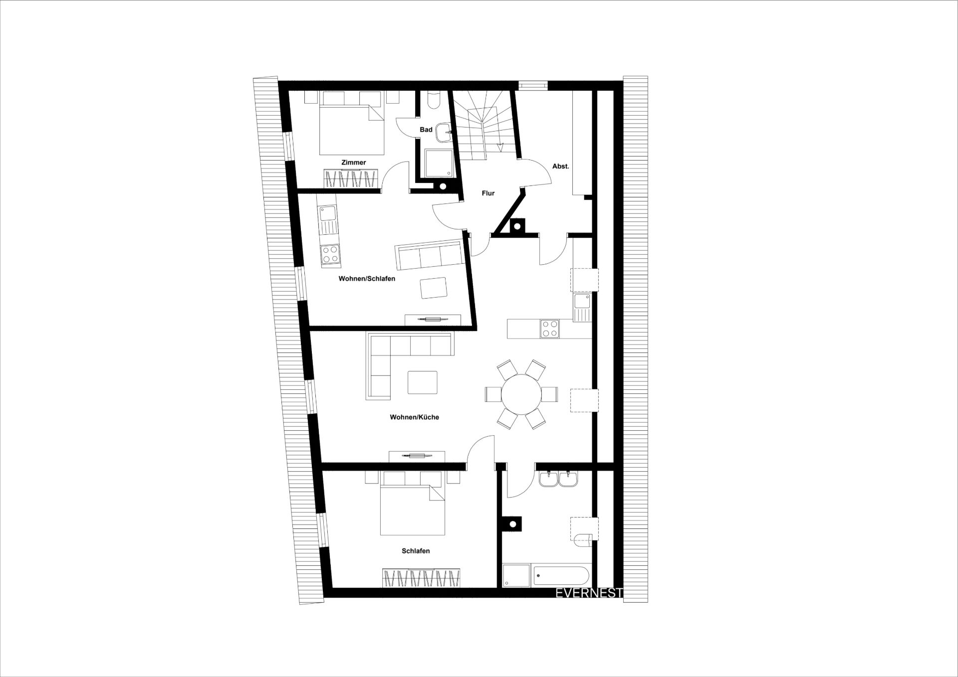 Grundriss einer Wohnung mit zwei Schlafzimmern, zwei Bädern, Küche und Wohnzimmer.