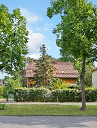 Wohnhäuser mit Gärten und Bäumen an einer ruhigen Straße bei Tageslicht.