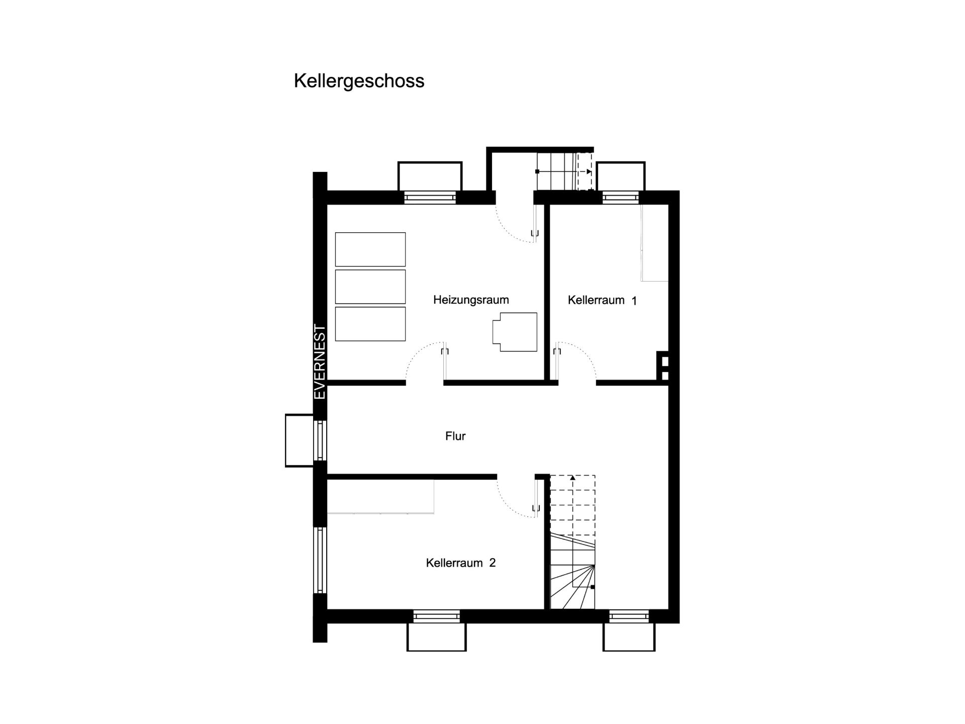 Grundriss eines Kellers mit Flur, Heizungsraum und zwei Kellerräumen.