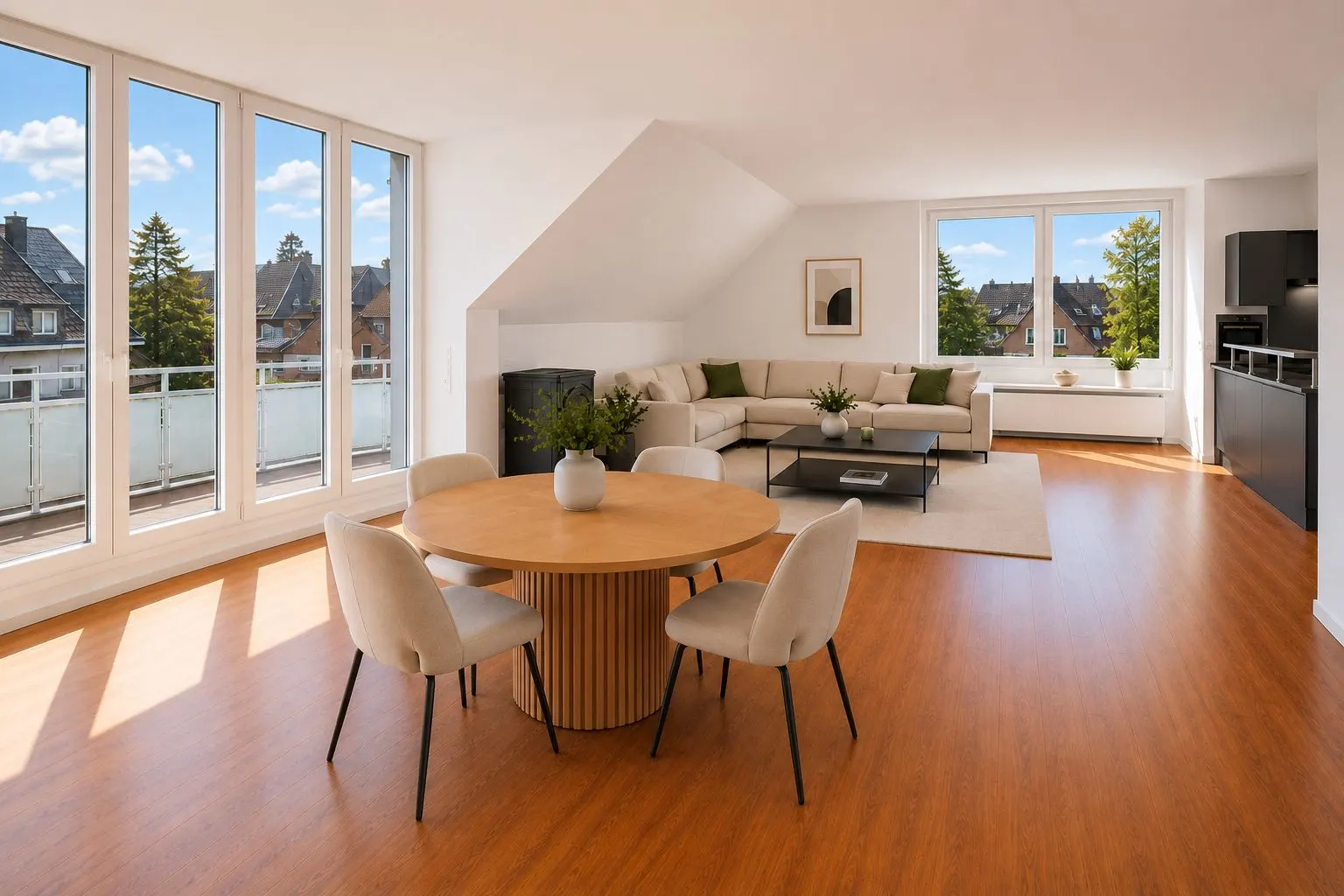 Helles Wohnzimmer mit großer Fensterfront, Esstisch, Stühlen und Ecksofa auf Holzboden.