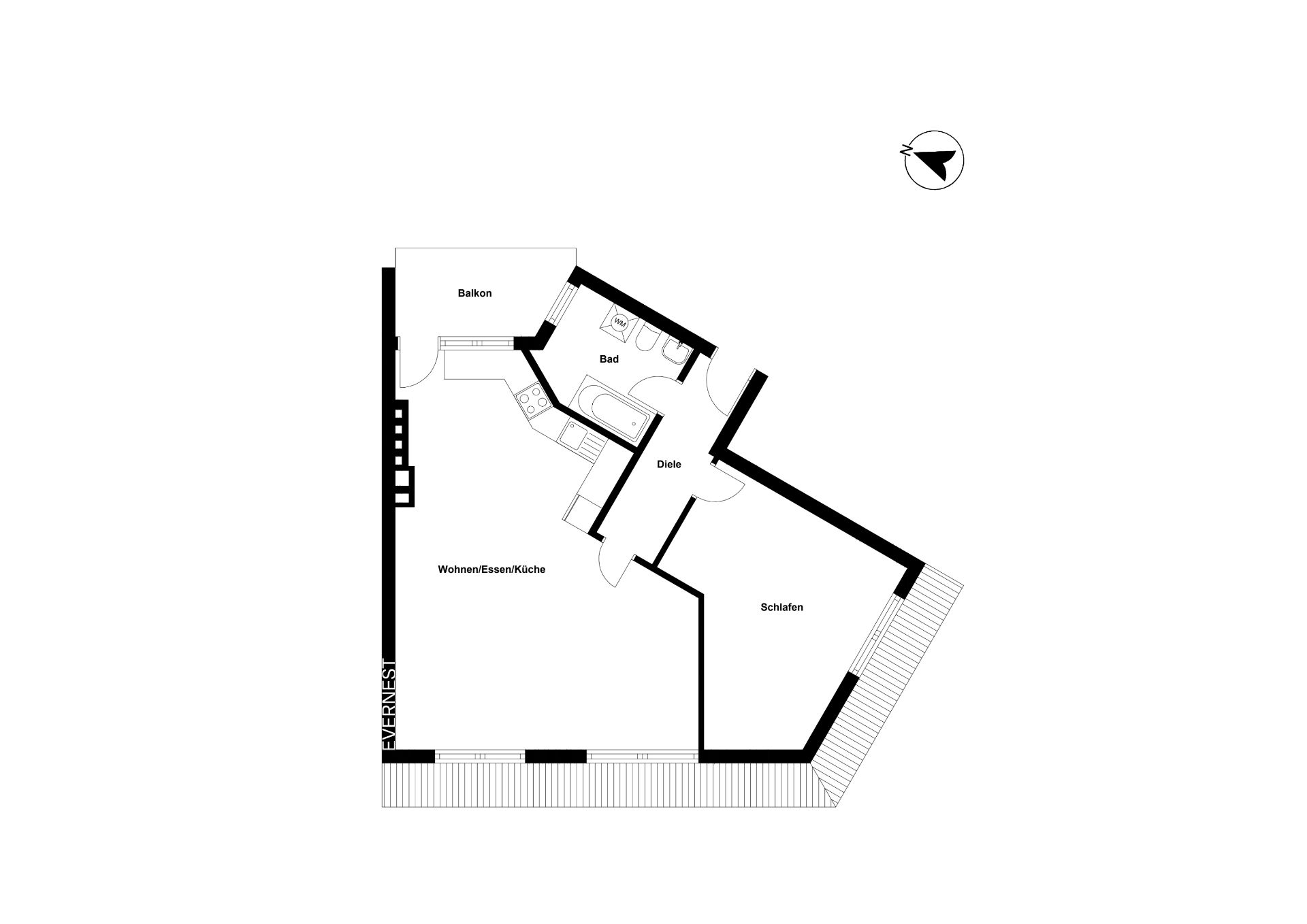 Grundriss einer Wohnung mit Wohnzimmer, Schlafzimmer, Bad, Diele und Balkon.
