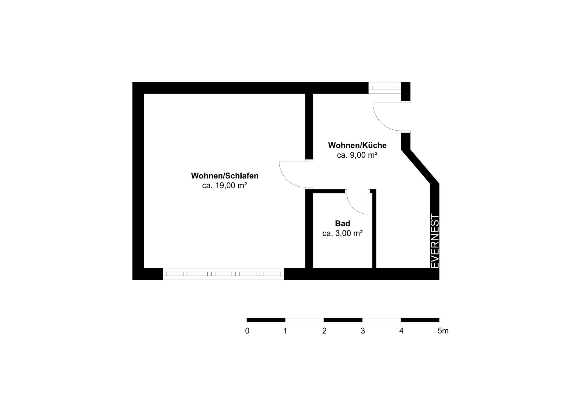 Grundriss mit Wohn-/Schlafzimmer, Wohnküche und Bad, Flächenmaße sind angegeben.