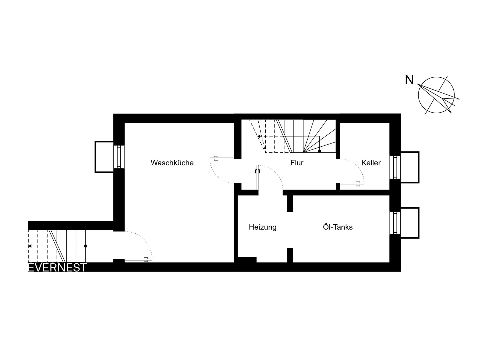 Grundriss eines Kellers mit Waschküche, Flur, Kellerraum, Heizung und Öltanks.