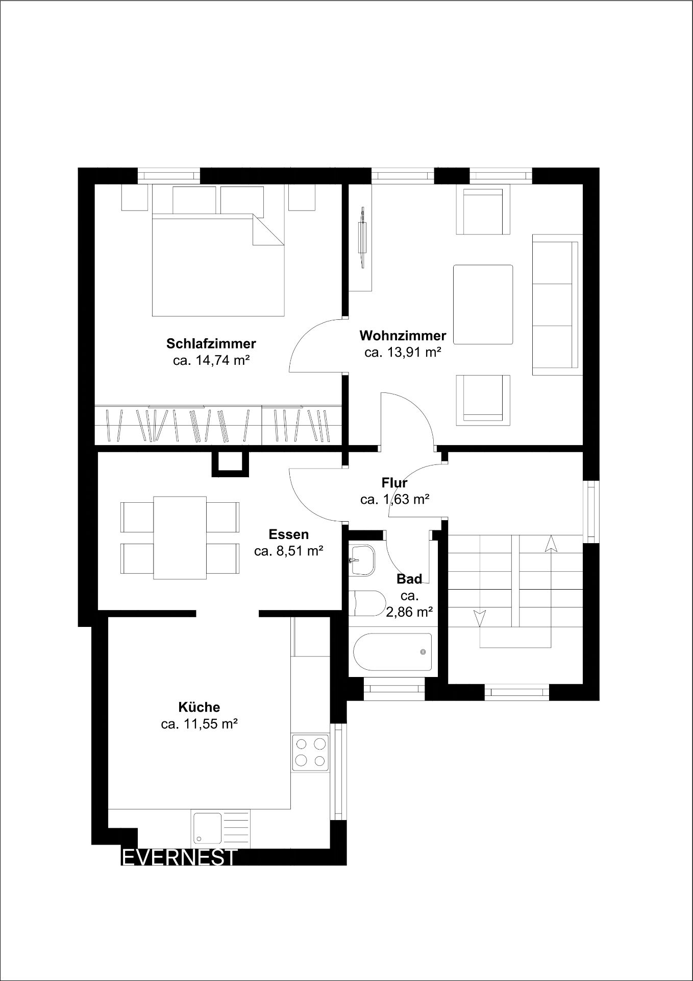 Grundriss einer Wohnung mit Schlafzimmer, Wohnzimmer, Küche, Essbereich, Bad und Flur.