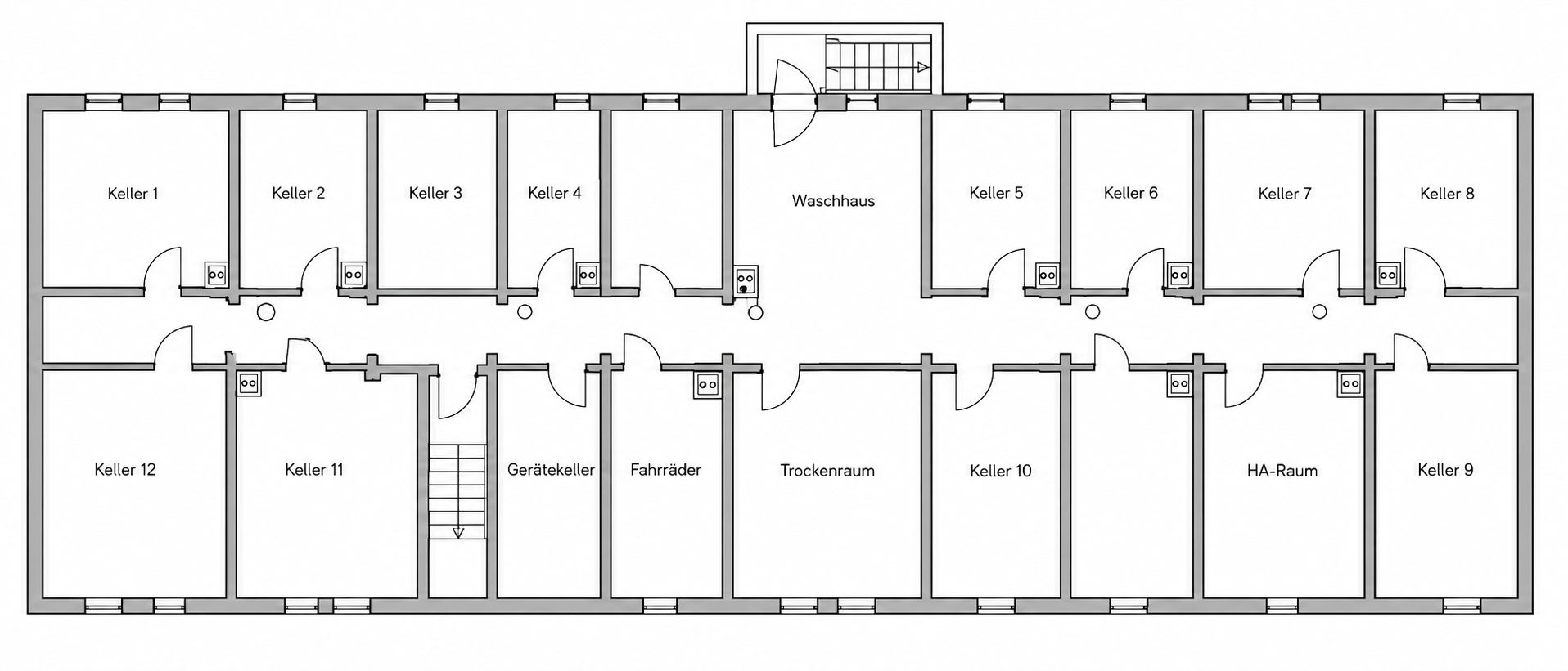 Grundriss eines Kellers mit mehreren beschrifteten Räumen wie Waschhaus, Trockenraum und Kellerräumen.