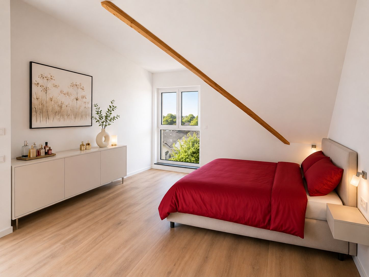 Helles Schlafzimmer mit rotem Bett, Kommode und großem Fenster unter Dachschräge.