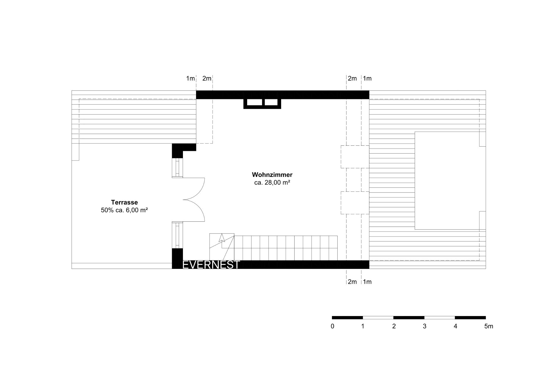 Grundriss mit Wohnzimmer und zwei Terrassen, Maße und Flächenangaben sind eingezeichnet.