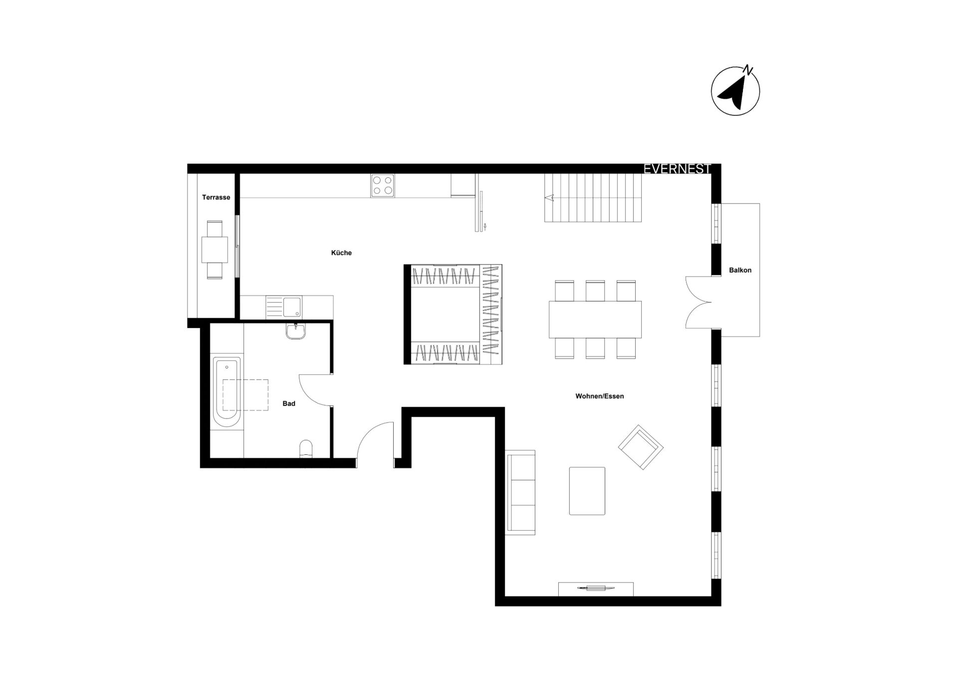 Grundriss mit Küche, Bad, Wohn- und Essbereich, Terrasse und Balkon.